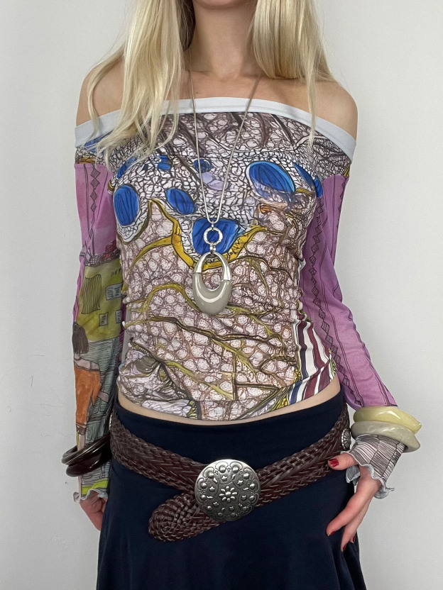 Vintage Art-Print Sheer-Sleeve Off-Shoulder Crop Top