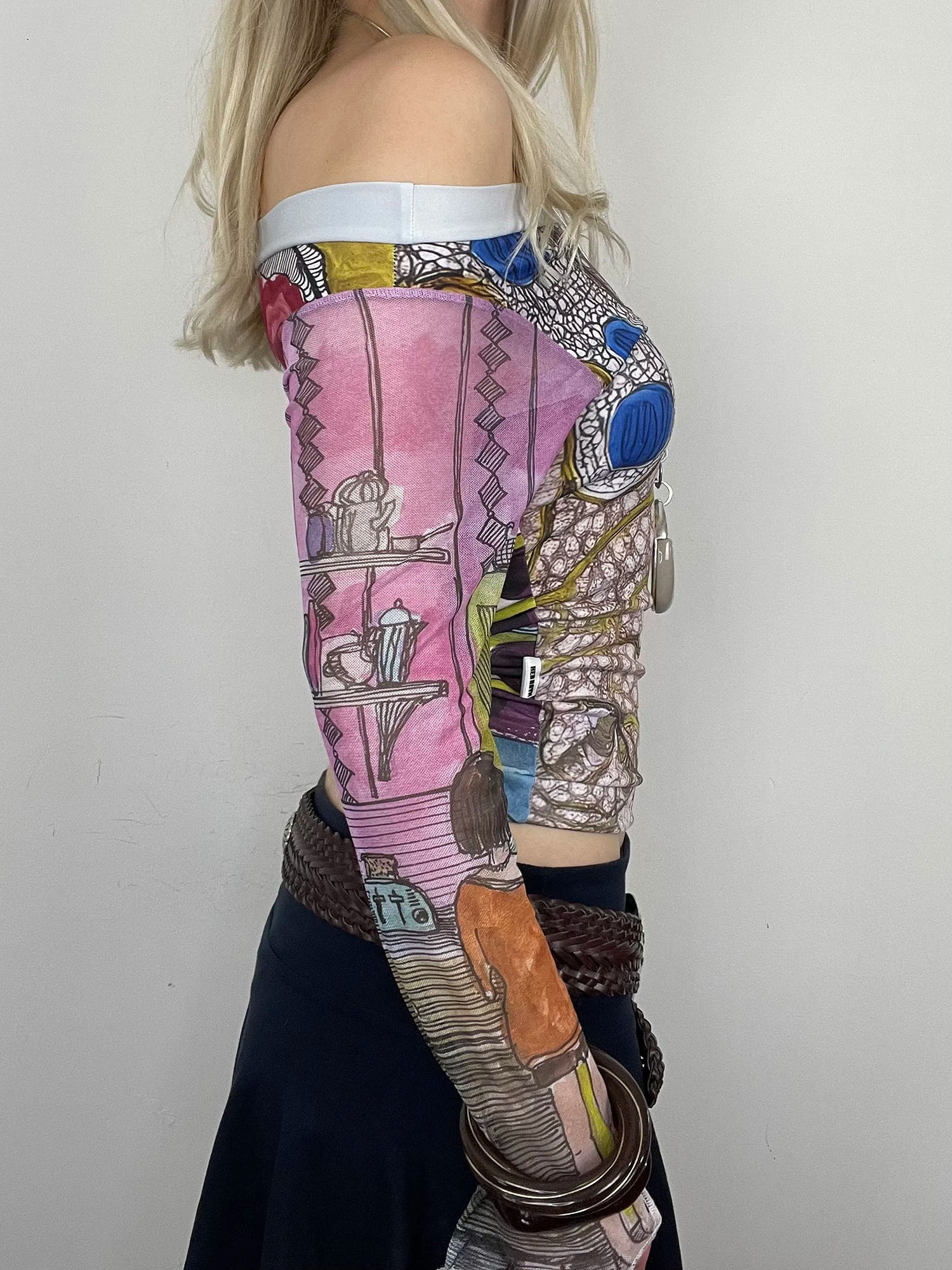 Vintage Art-Print Sheer-Sleeve Off-Shoulder Crop Top