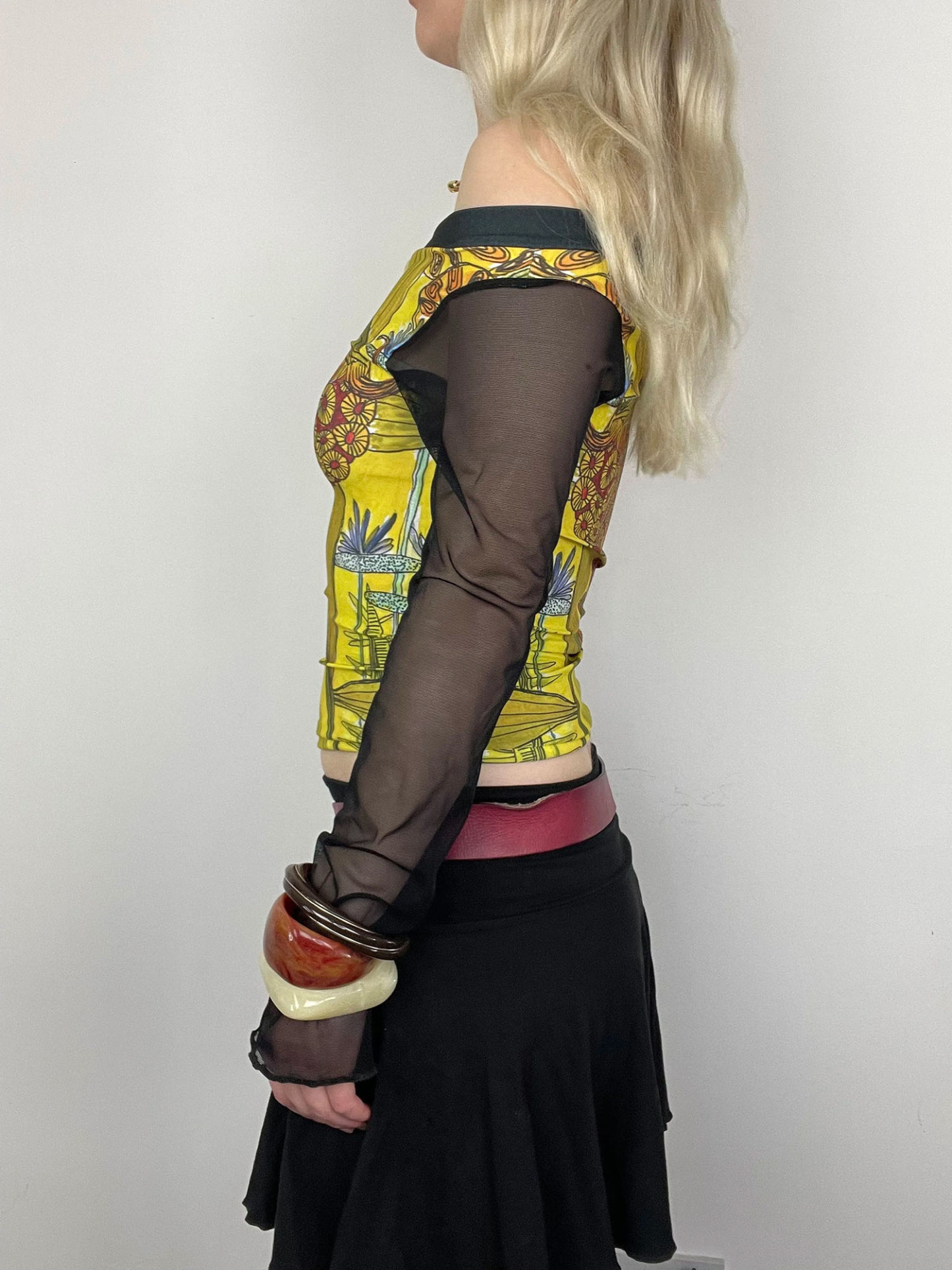 Vintage Floral Print Sheer-Sleeve Off-Shoulder Crop Top