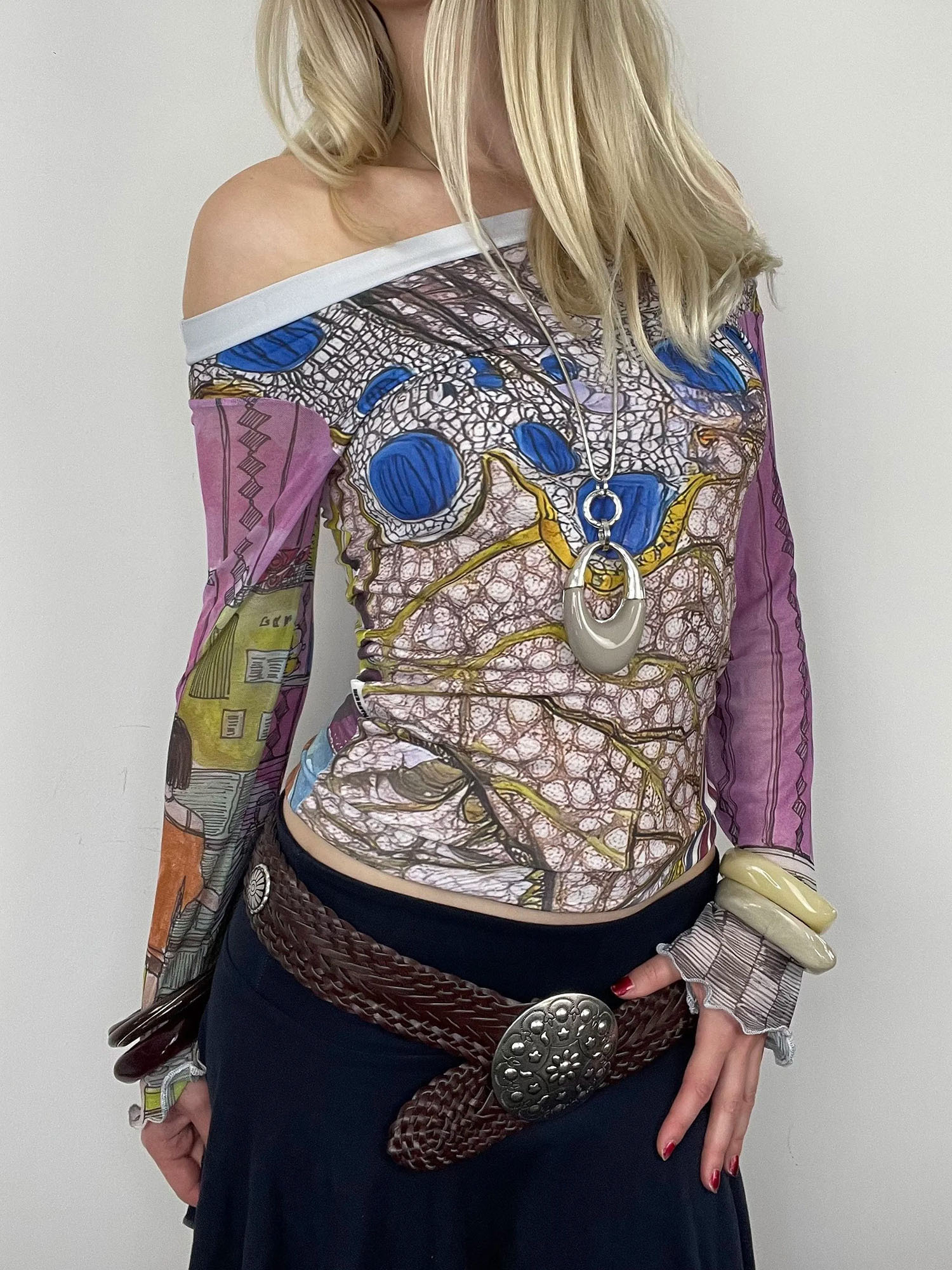 Vintage Art-Print Sheer-Sleeve Off-Shoulder Crop Top