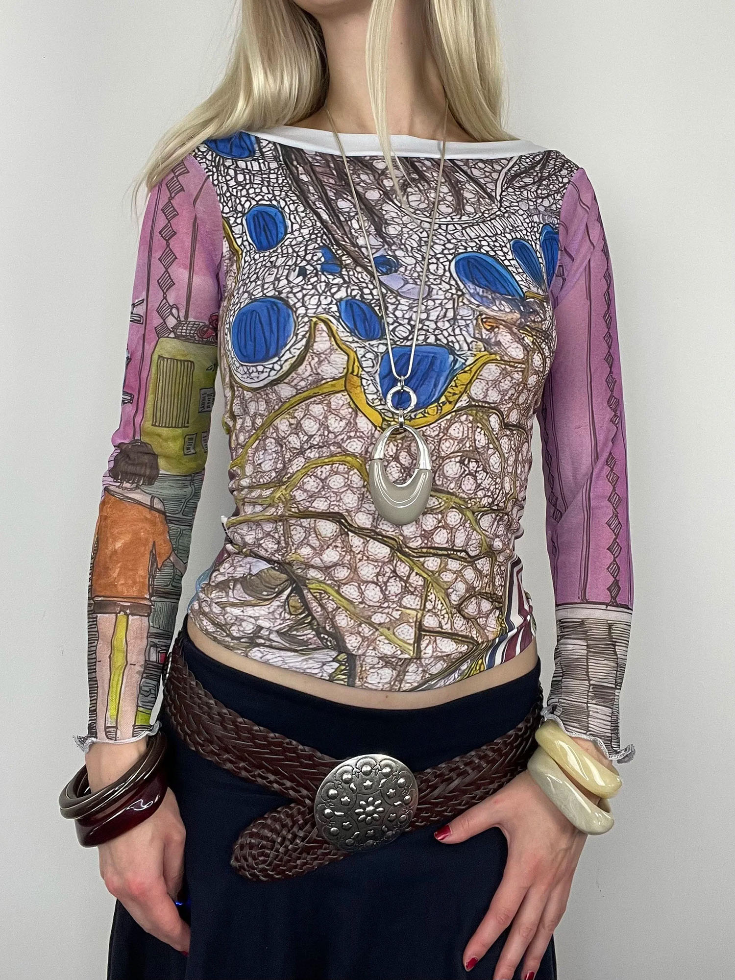 Vintage Art-Print Sheer-Sleeve Off-Shoulder Crop Top