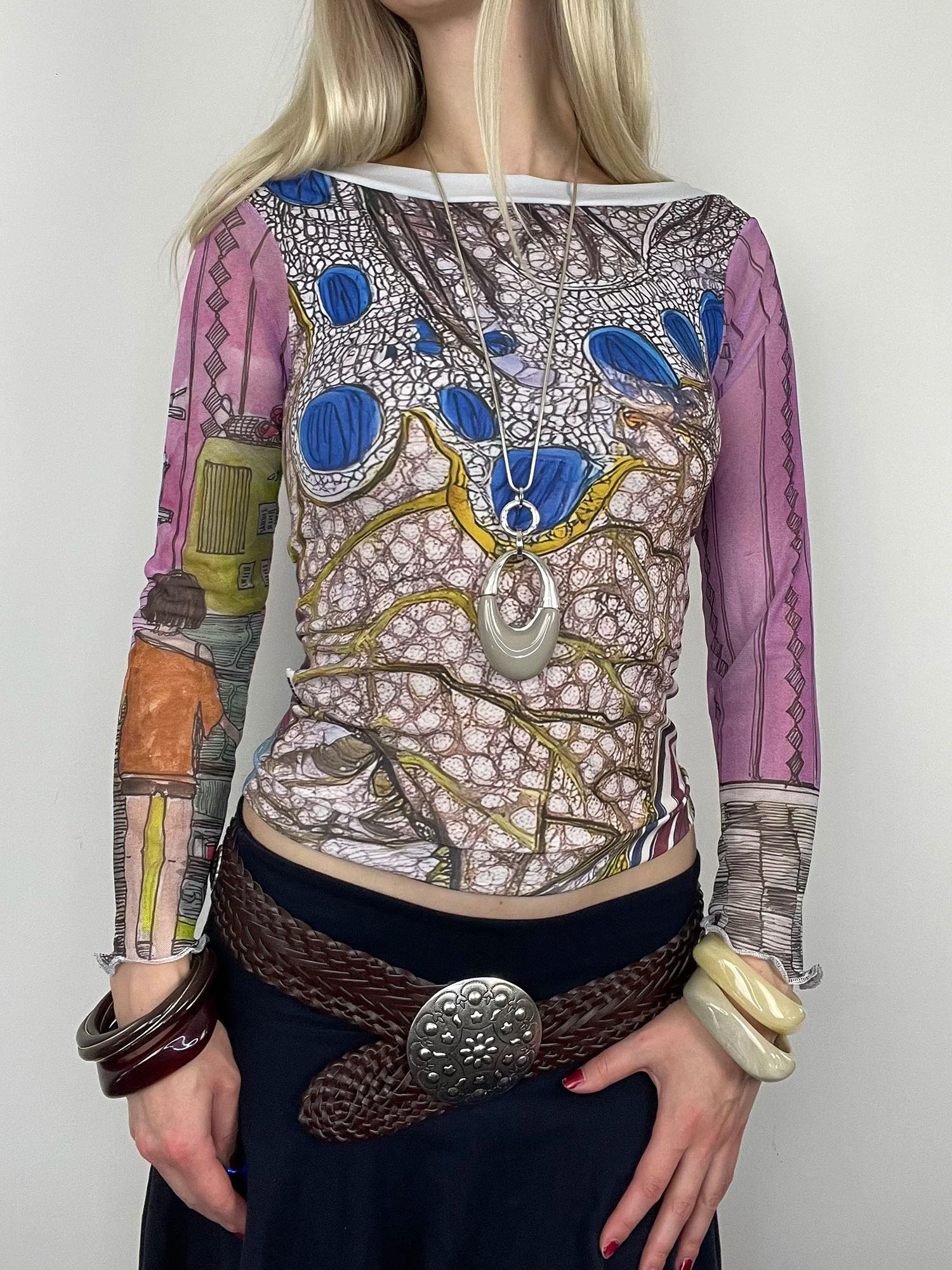 Vintage Art-Print Sheer-Sleeve Off-Shoulder Crop Top