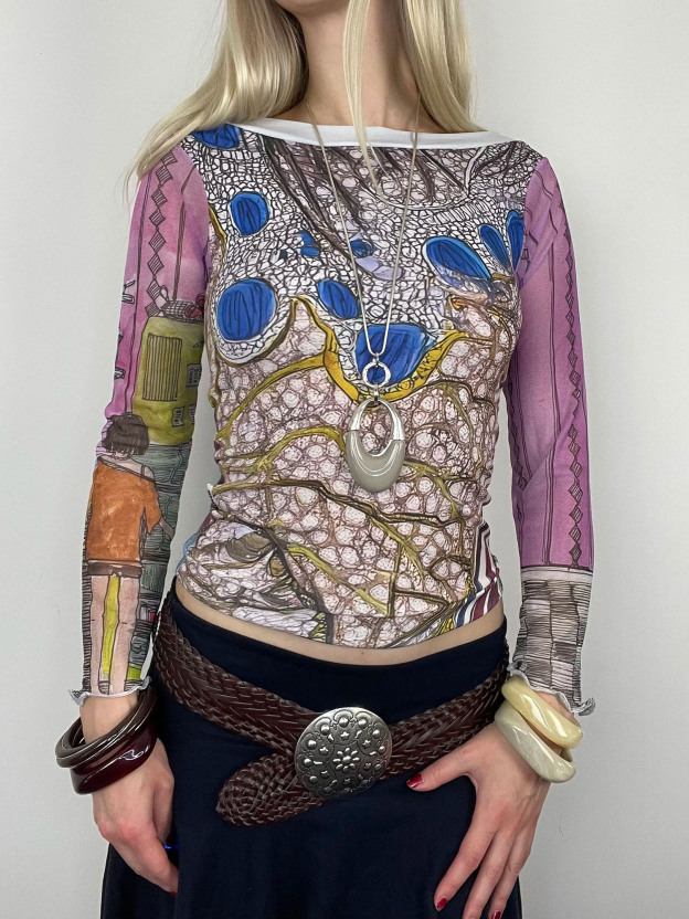 Vintage Art-Print Sheer-Sleeve Off-Shoulder Crop Top