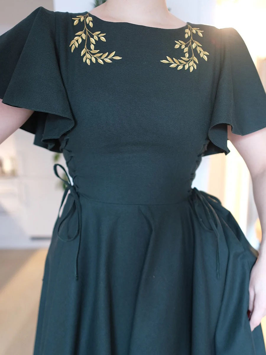 Dark Green Leaf-Embroidered Lace-Up Dress
