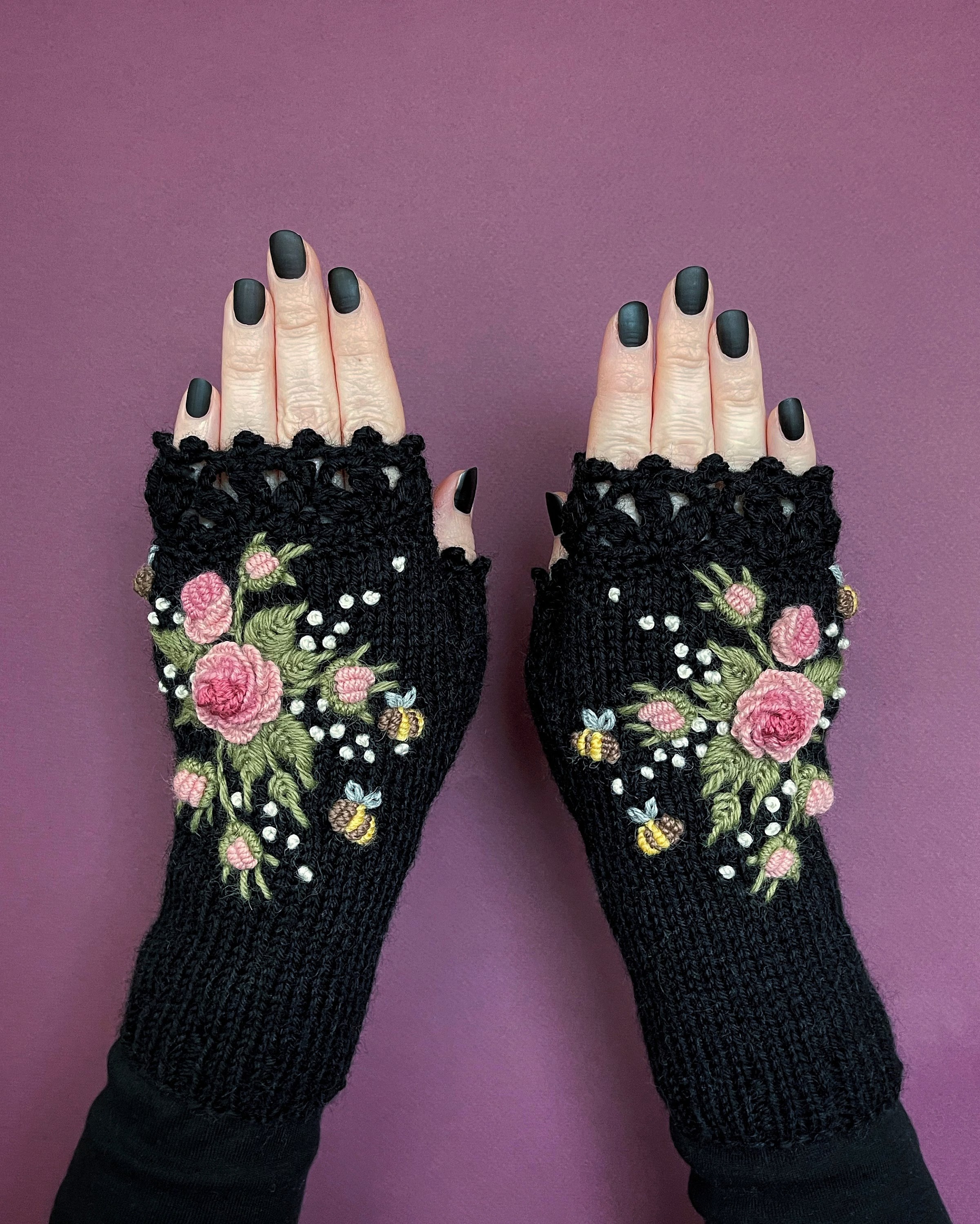 Knitted Fingerless Gloves: Black Mittens with Pink Roses and Bees