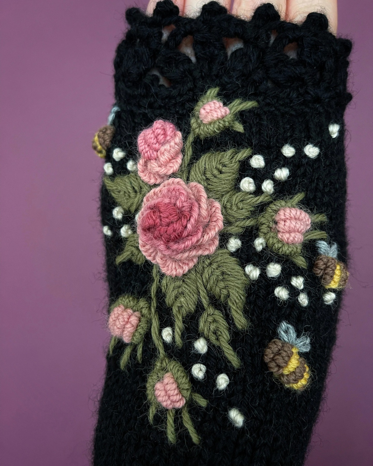 Knitted Fingerless Gloves: Black Mittens with Pink Roses and Bees