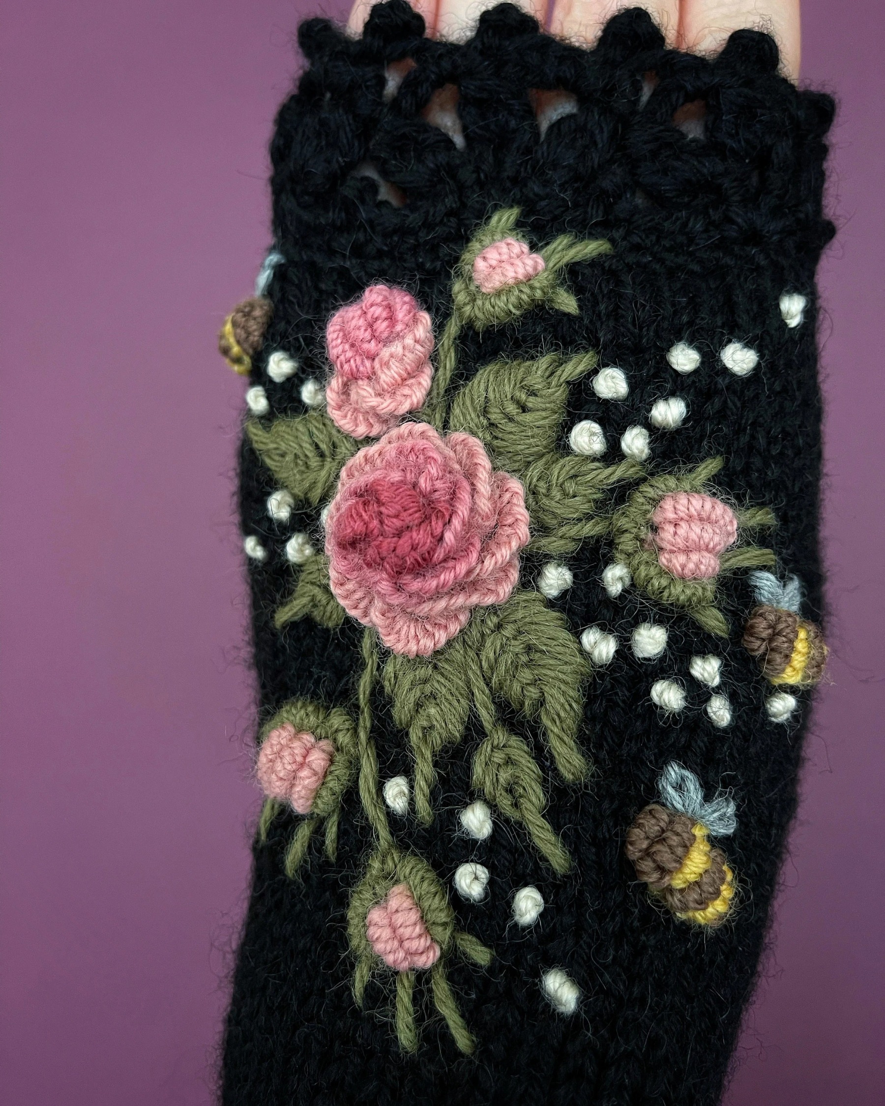 Knitted Fingerless Gloves: Black Mittens with Pink Roses and Bees