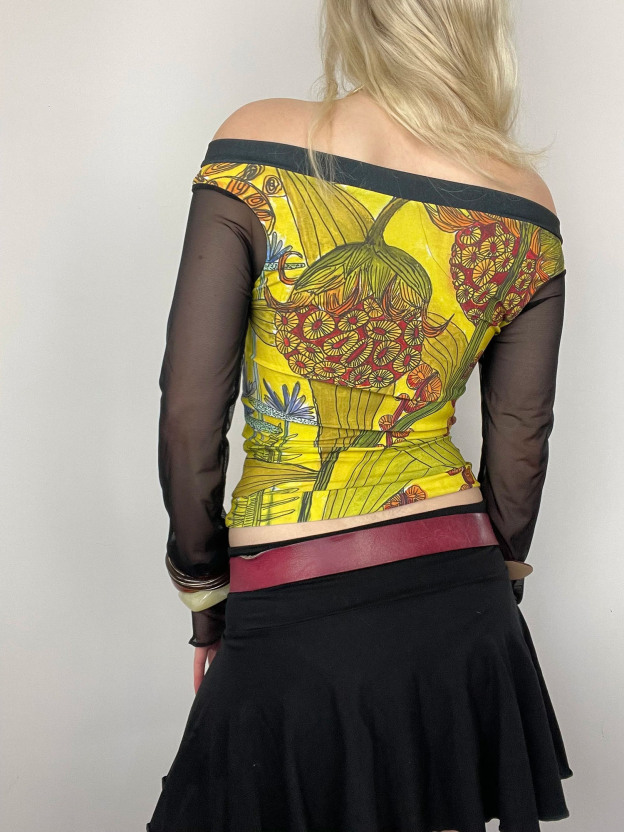 Vintage Floral Print Sheer-Sleeve Off-Shoulder Crop Top