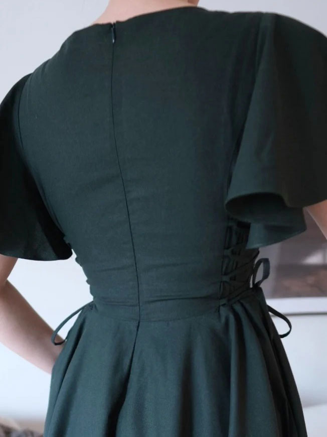 Dark Green Leaf-Embroidered Lace-Up Dress