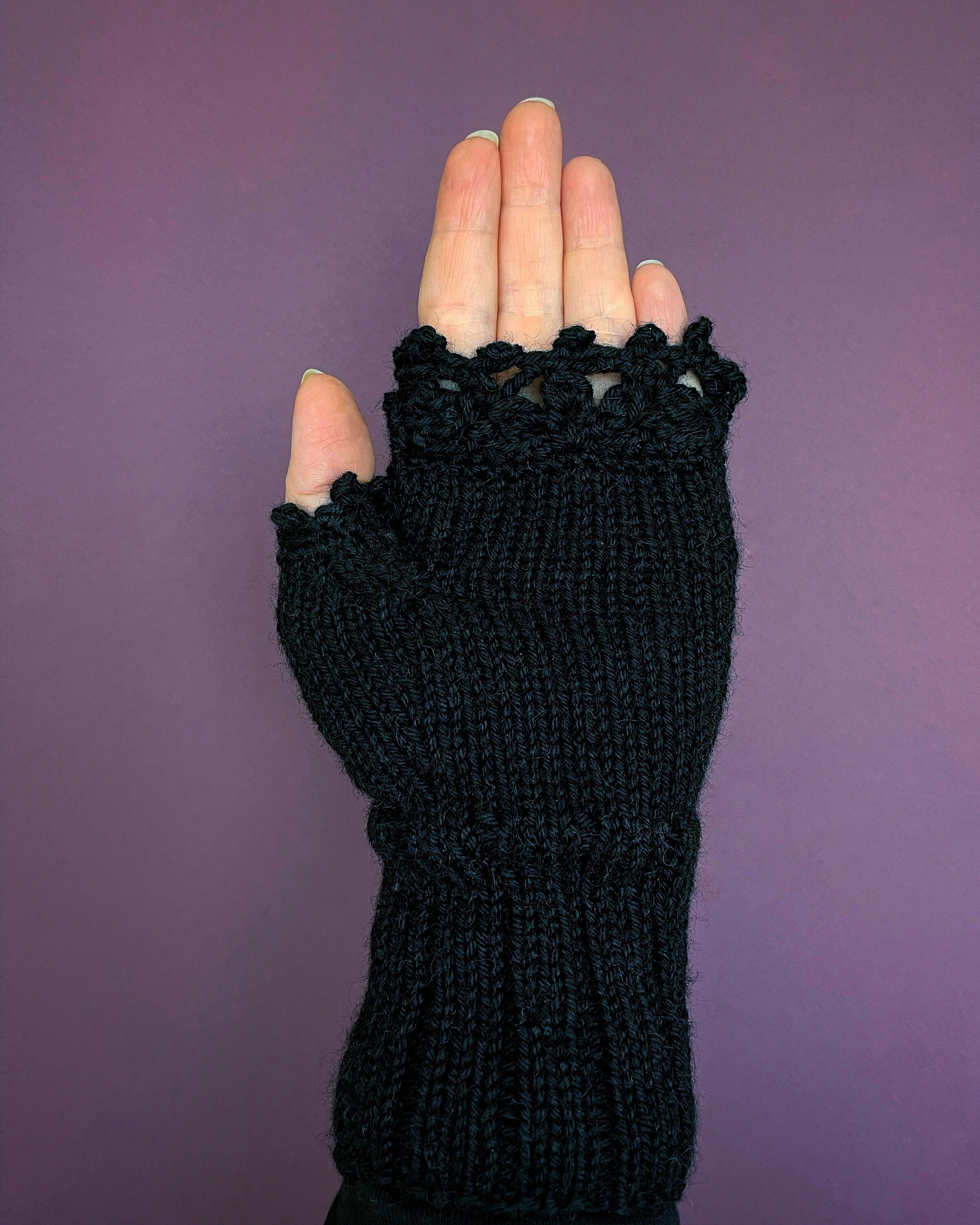 Knitted Fingerless Gloves: Black Mittens with Pink Roses and Bees
