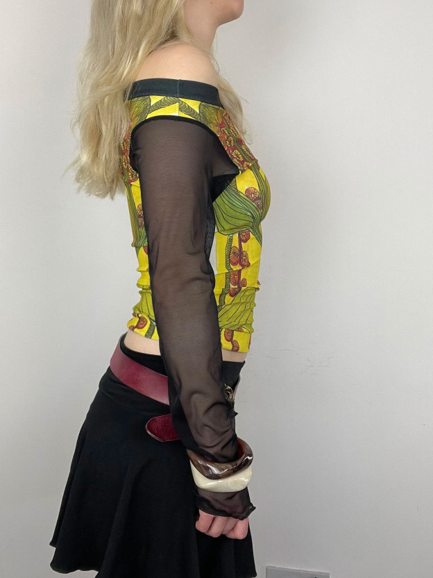 Vintage Floral Print Sheer-Sleeve Off-Shoulder Crop Top