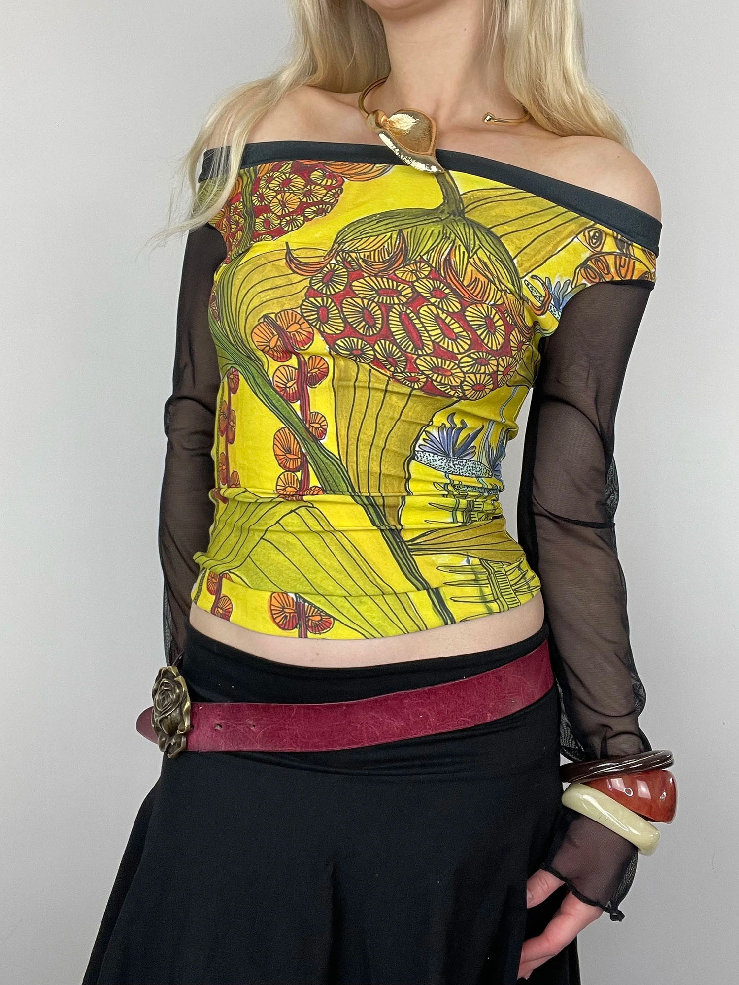 Vintage Floral Print Sheer-Sleeve Off-Shoulder Crop Top