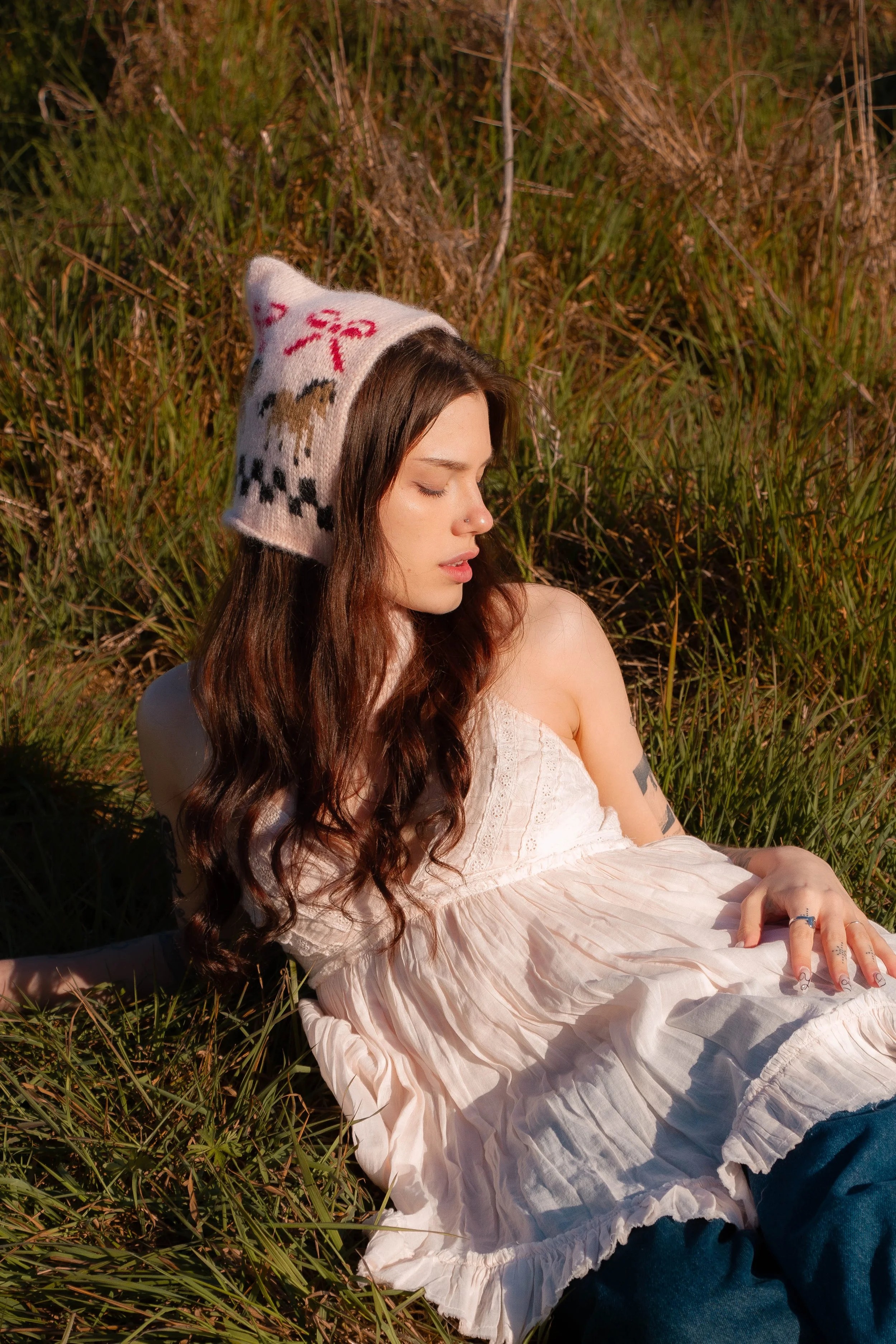 Knitted Pony Square Bonnet Hat