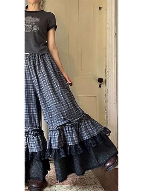 Gray Plaid Flannel/Floral Super Flared Wide Ruffle Maxi Bloomers Pants