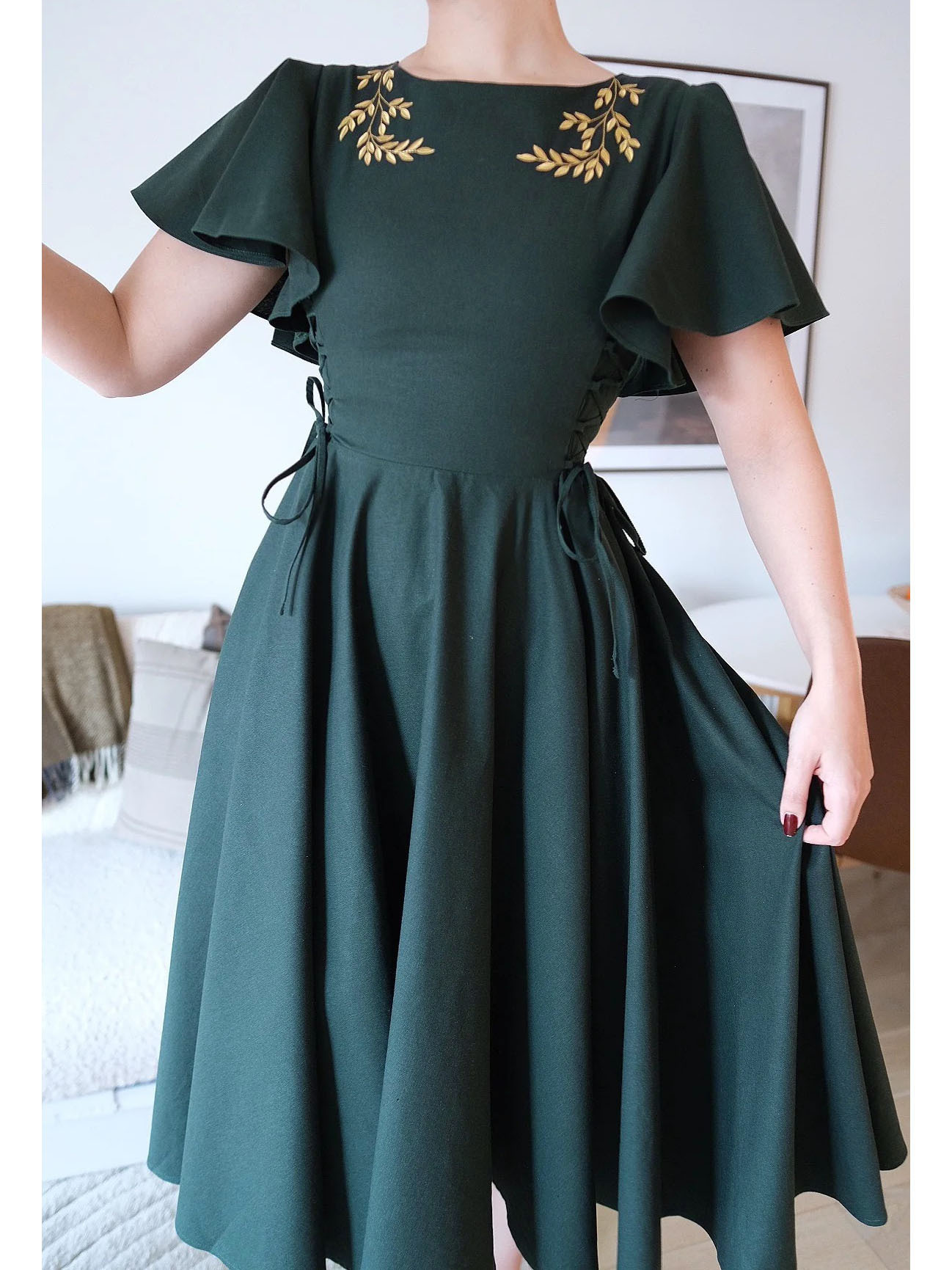 Dark Green Leaf-Embroidered Lace-Up Dress