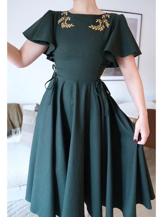 Dark Green Leaf-Embroidered Lace-Up Dress