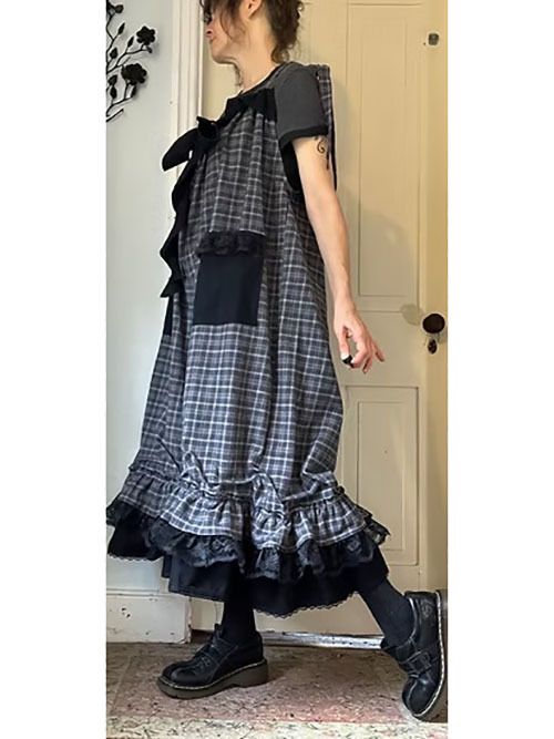 Gray Plaid Flannel Ruffly Bowtie Babydoll Overalls