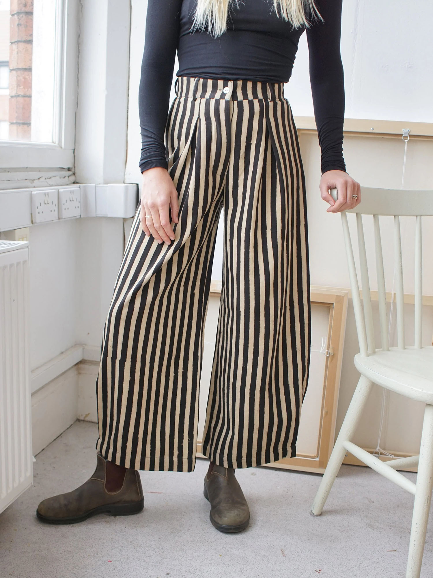 Vintage Black & Beige Striped Wide-Leg Pants
