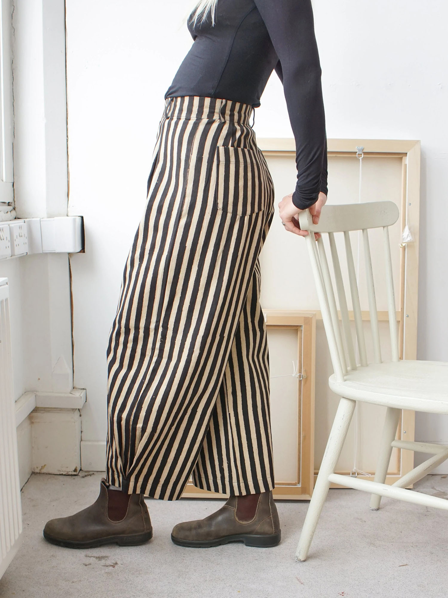 Vintage Black & Beige Striped Wide-Leg Pants