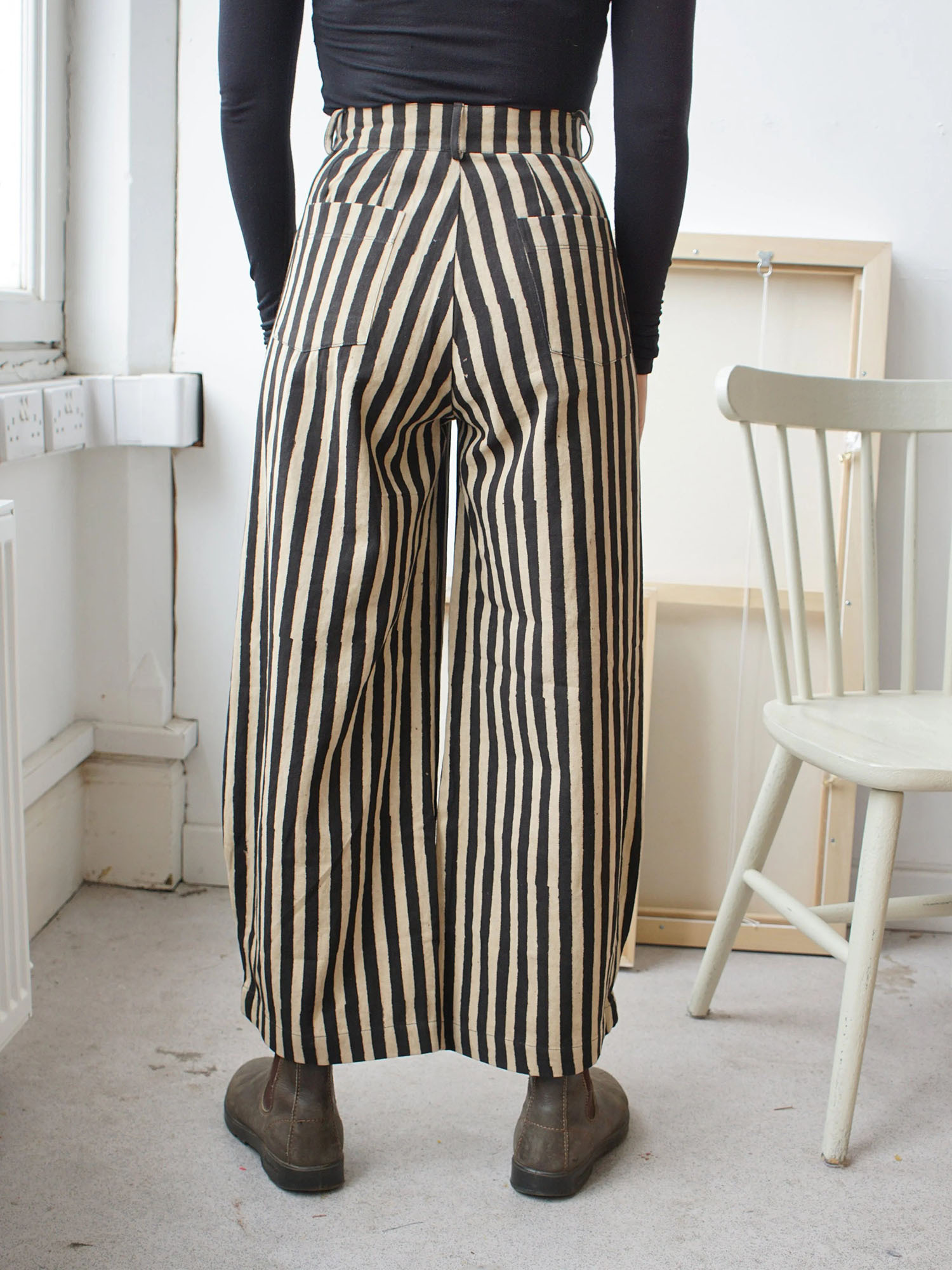 Vintage Black & Beige Striped Wide-Leg Pants