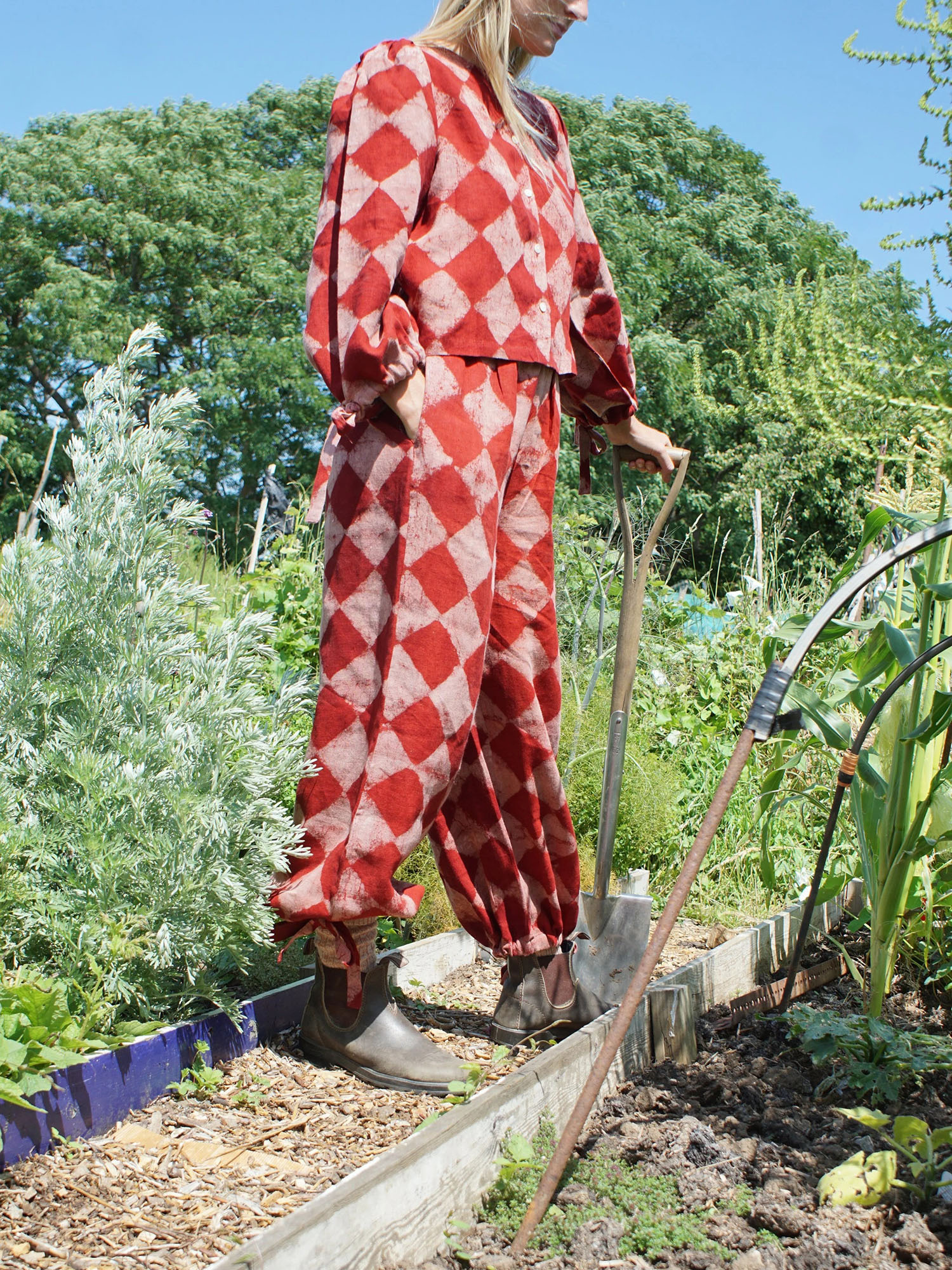 Vintage Red Diamond Wide-Leg Pants