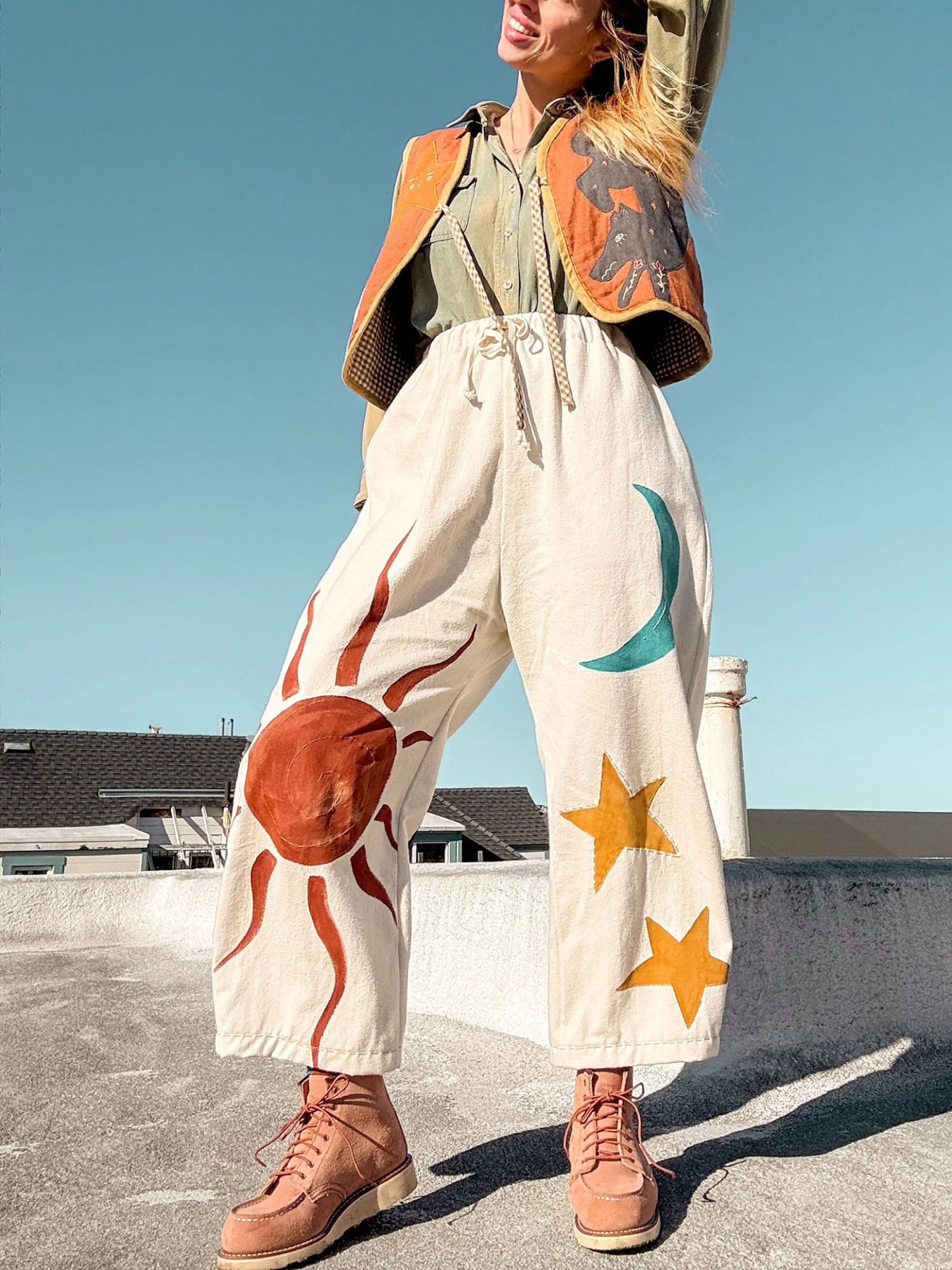 Bohemian Sun & Moon Embellished Beige Cropped Pants