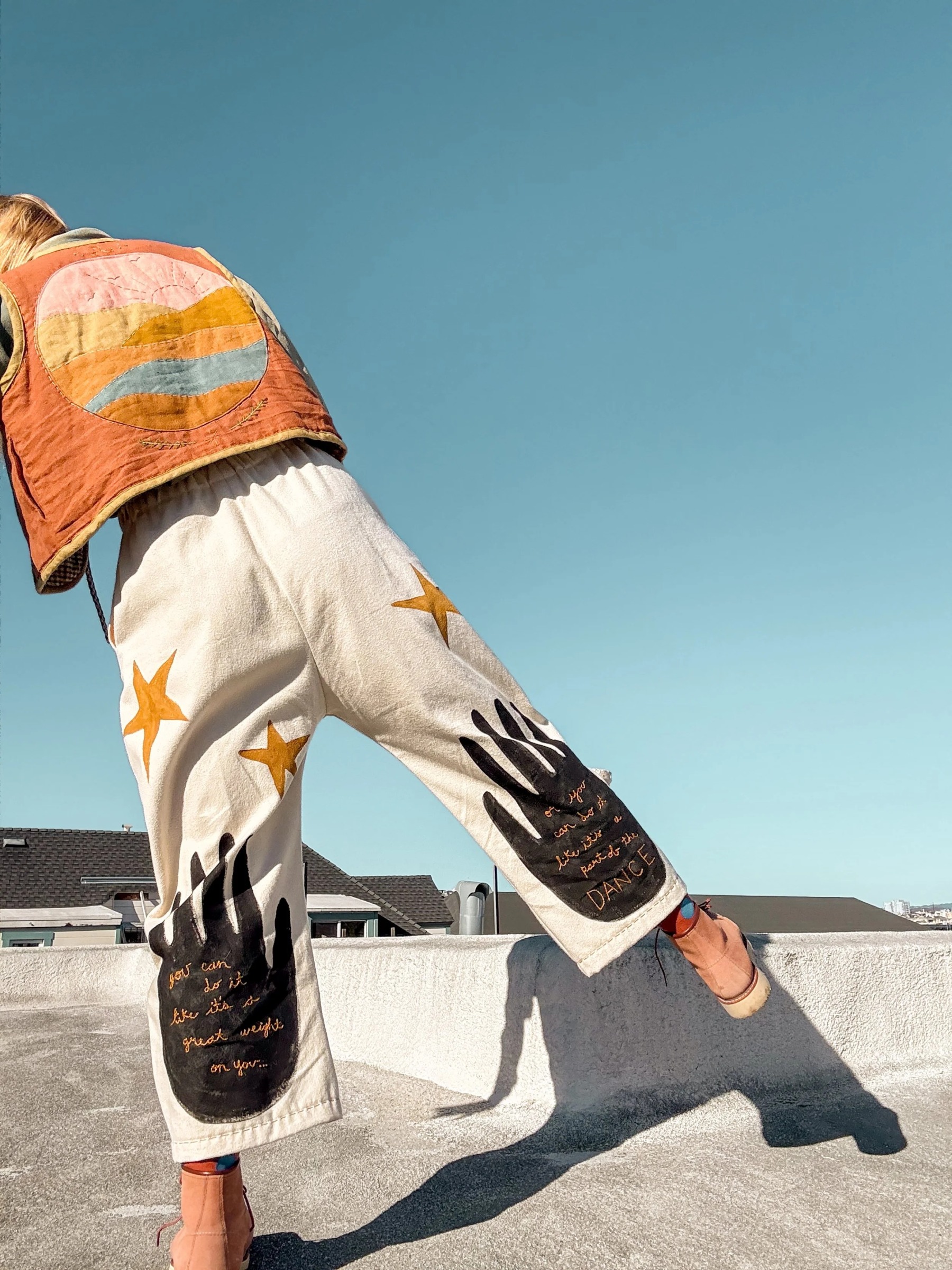 Bohemian Sun & Moon Embellished Beige Cropped Pants