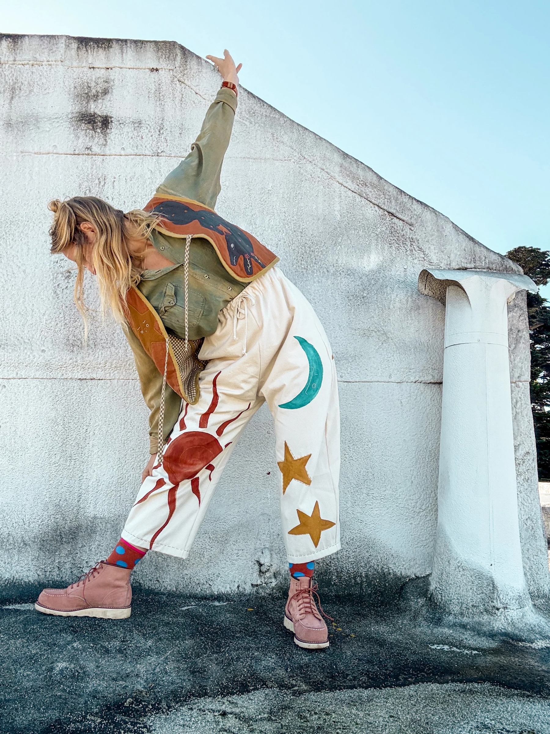 Bohemian Sun & Moon Embellished Beige Cropped Pants