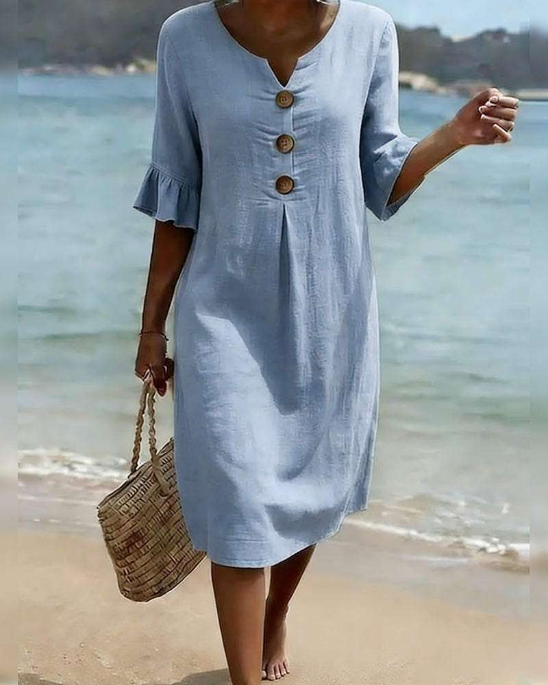 Sukienka z guzikami, falbanką i rękawami, 100% bawełny