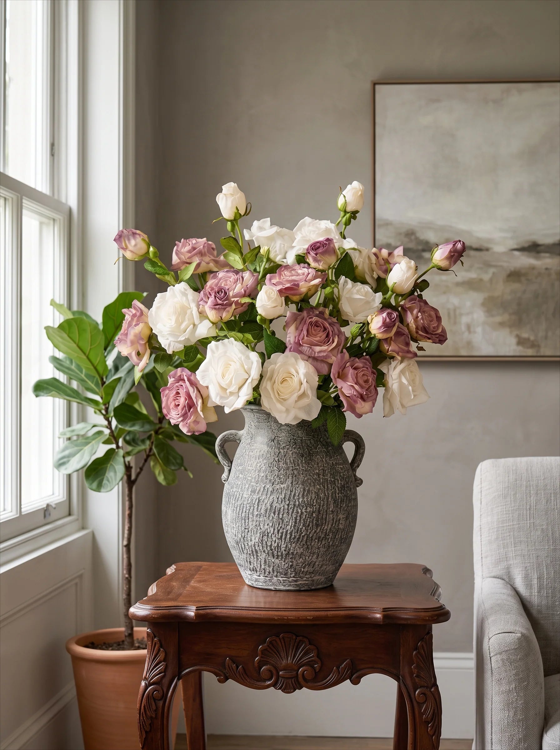 Purple and White Faded-Edge Faux Rose Bouquet