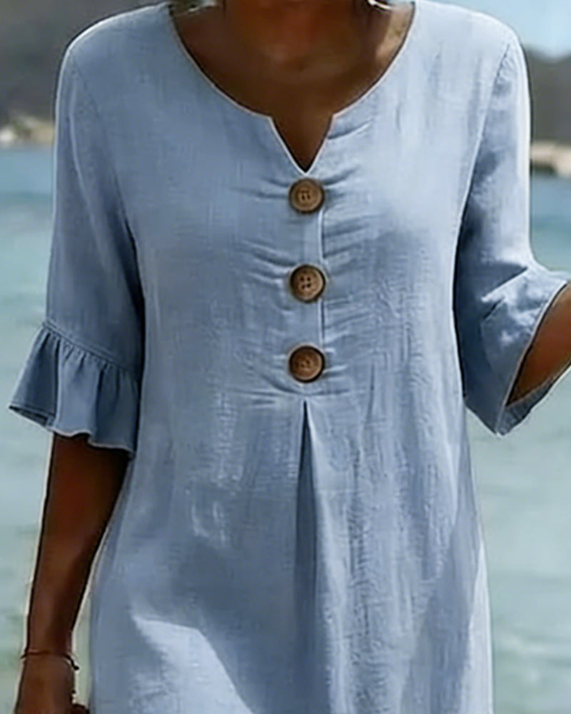 Sukienka z guzikami, falbanką i rękawami, 100% bawełny