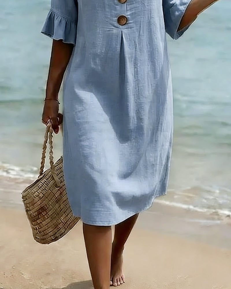 Sukienka z guzikami, falbanką i rękawami, 100% bawełny