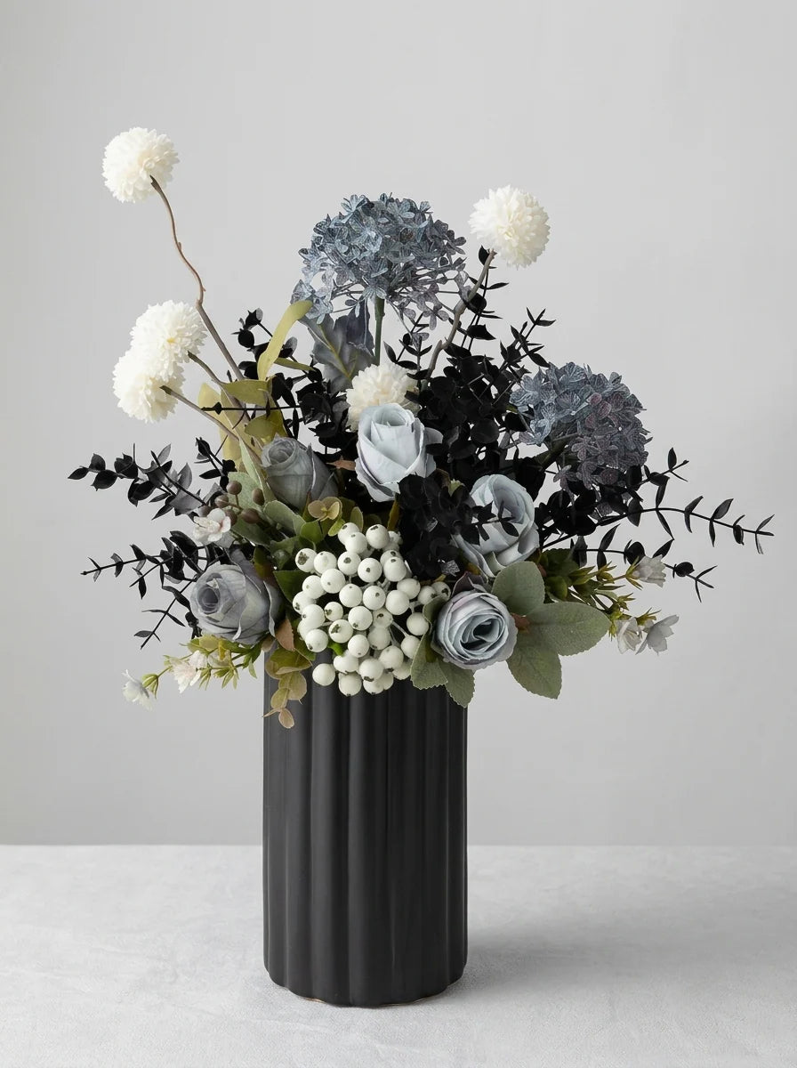 Faux Floral Arrangement - Blue & White Blooms with Dark Foliage