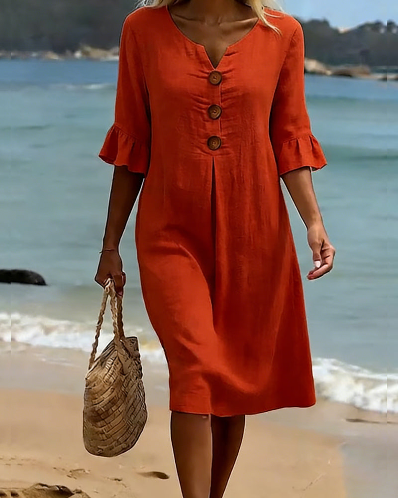 Sukienka z guzikami, falbanką i rękawami, 100% bawełny