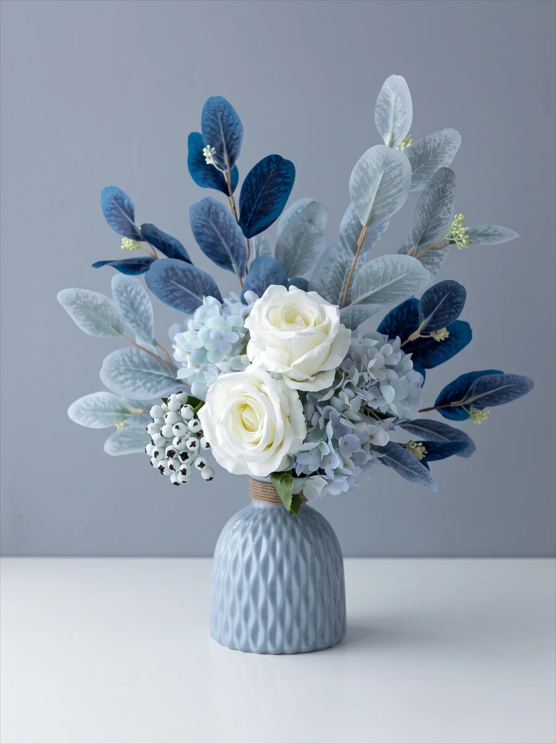 Blue & White Harmony Faux Floral Bouquet with Frosted Foliage