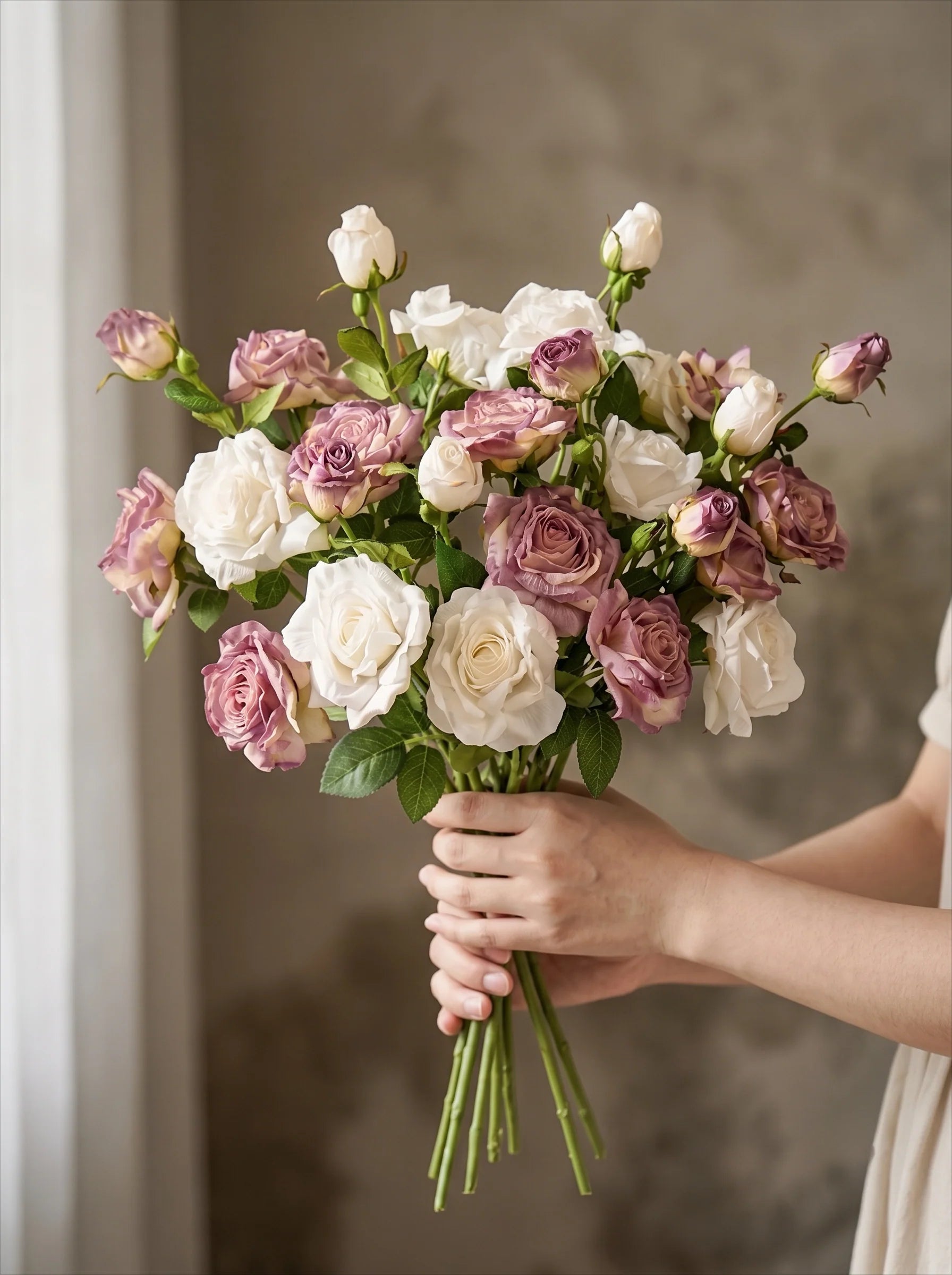Purple and White Faded-Edge Faux Rose Bouquet