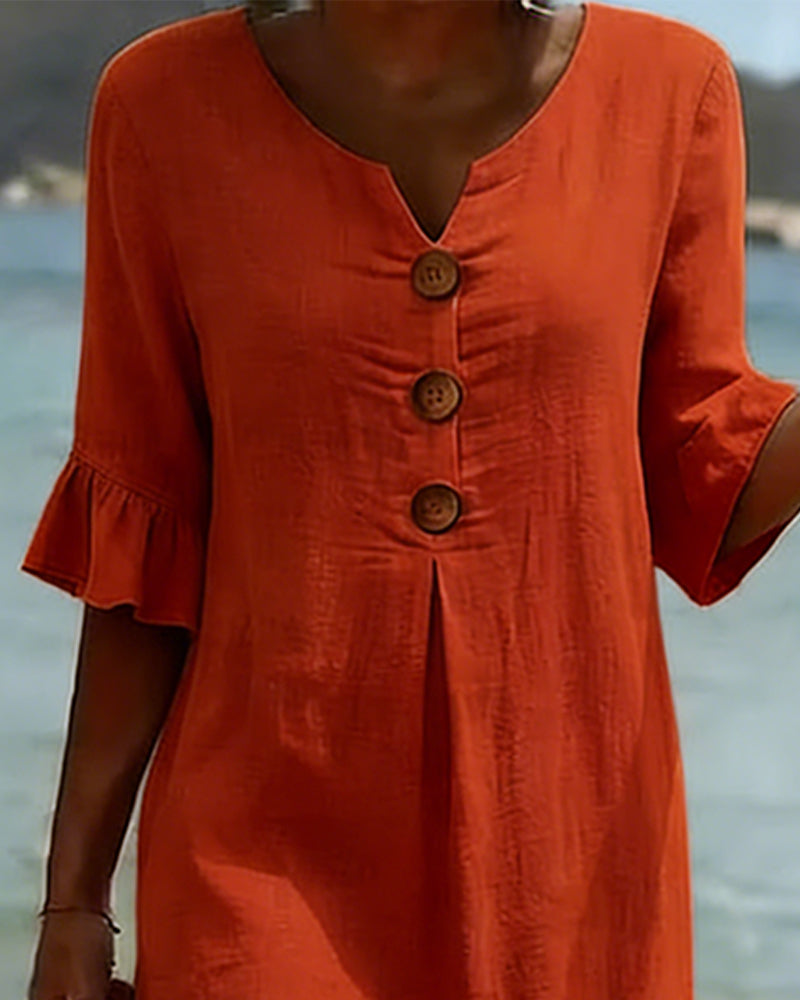 Sukienka z guzikami, falbanką i rękawami, 100% bawełny