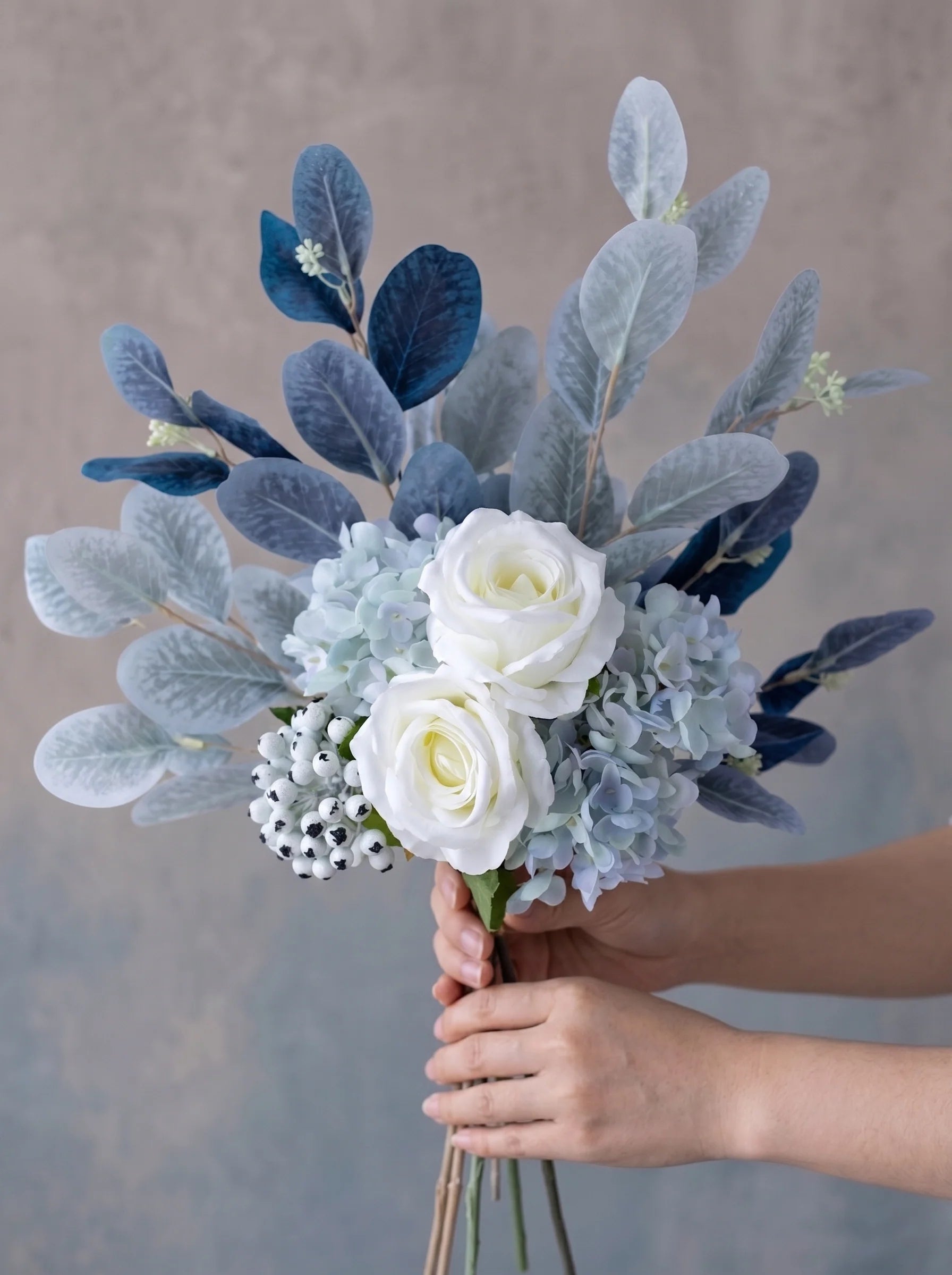 Blue & White Harmony Faux Floral Bouquet with Frosted Foliage