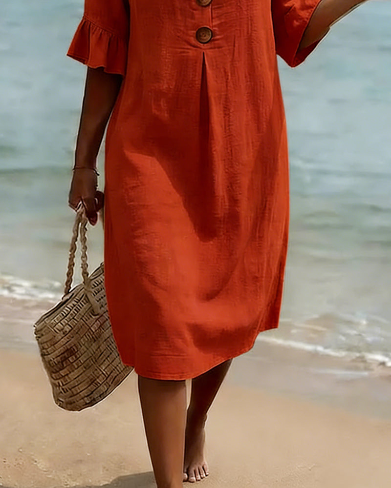 Sukienka z guzikami, falbanką i rękawami, 100% bawełny