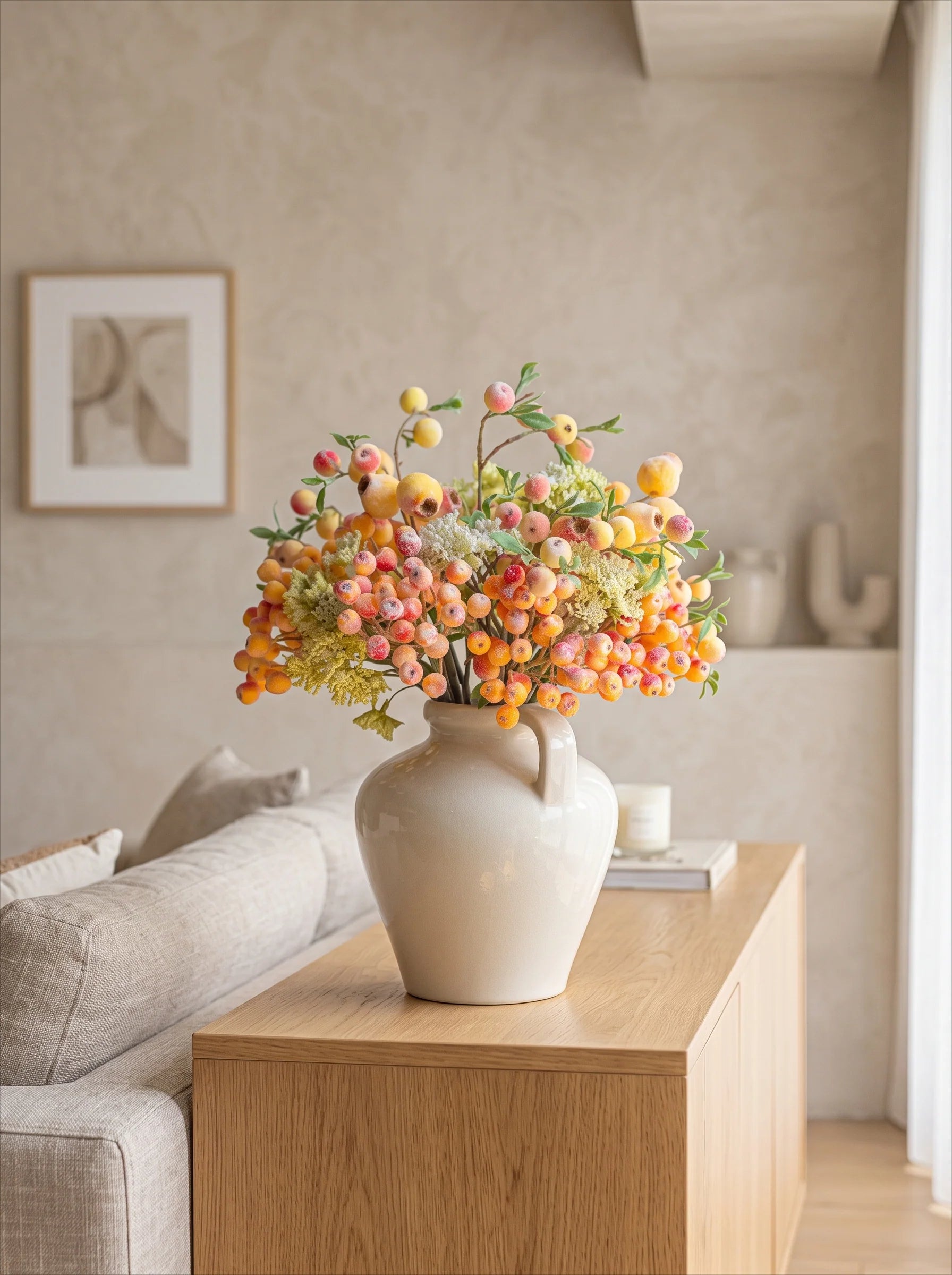 Elegant Orange-Toned Faux Blueberry & Berry Branch Arrangement