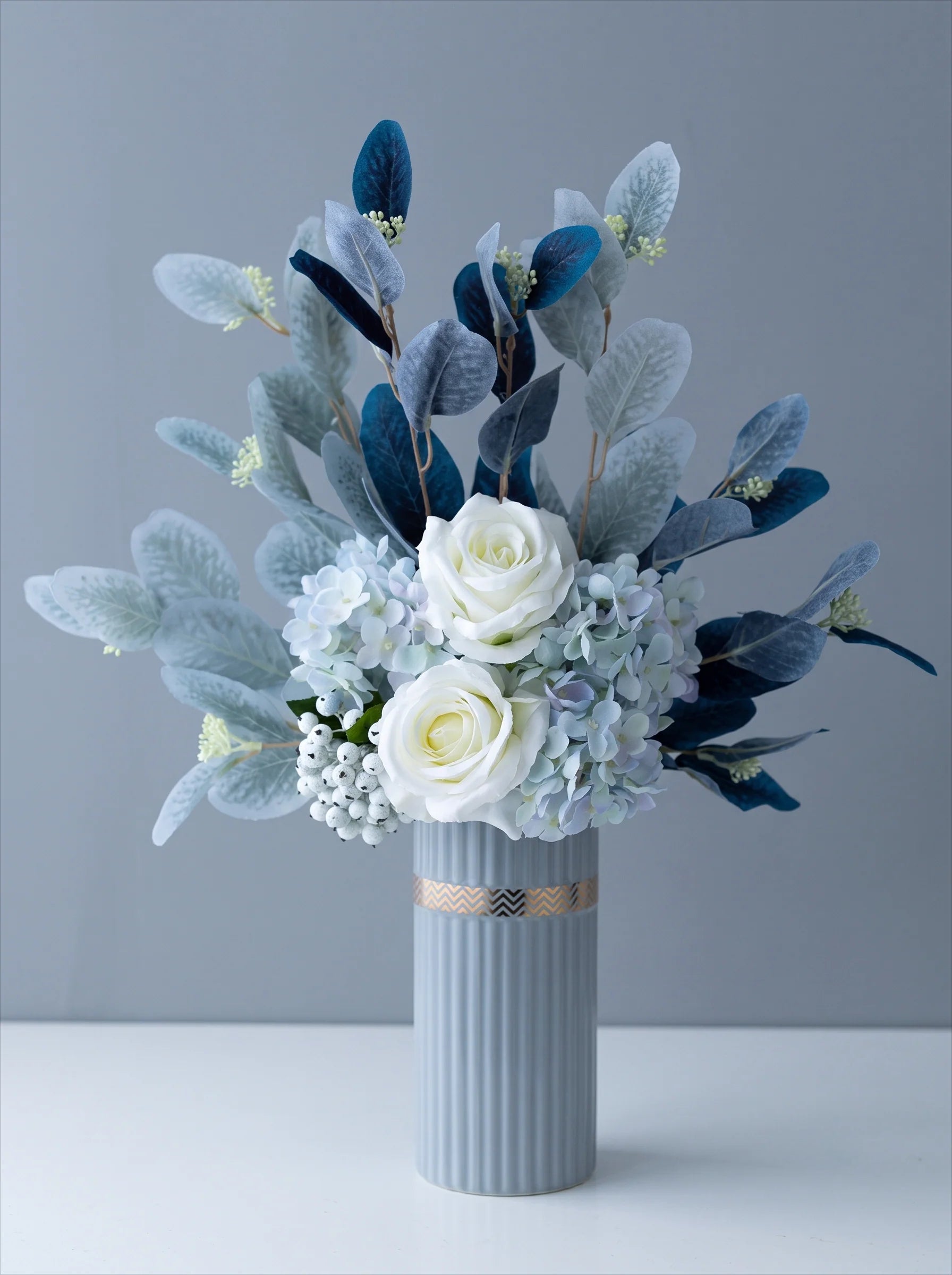 Blue & White Harmony Faux Floral Bouquet with Frosted Foliage