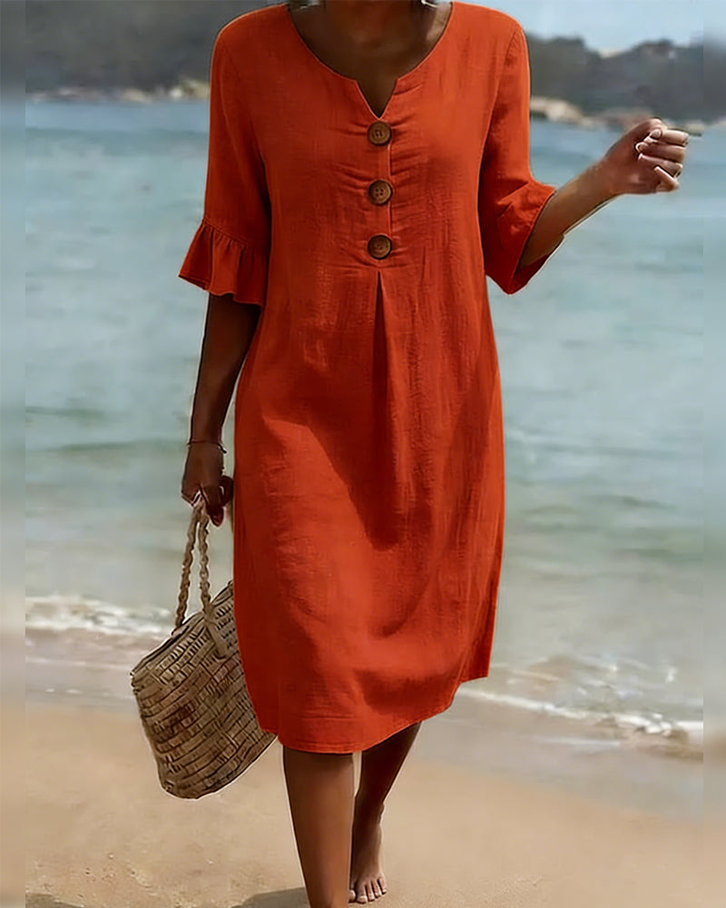 Sukienka z guzikami, falbanką i rękawami, 100% bawełny