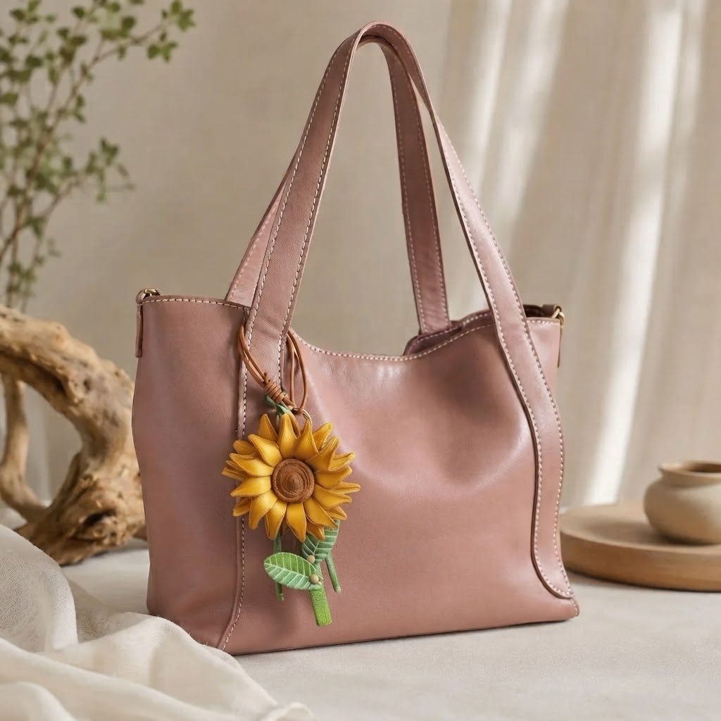 Handmade Genuine Leather Sunflower Bag Charm