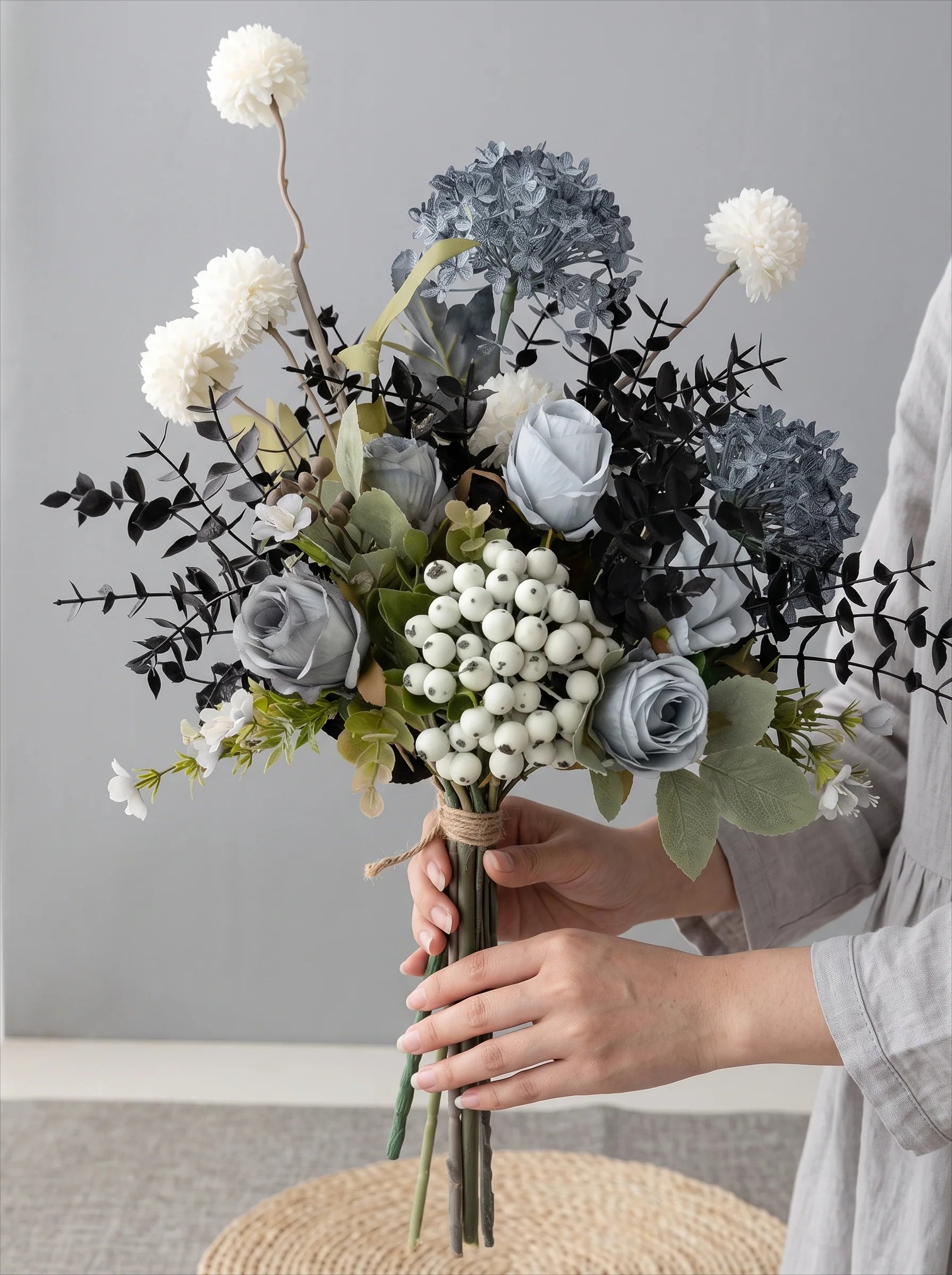Faux Floral Arrangement - Blue & White Blooms with Dark Foliage