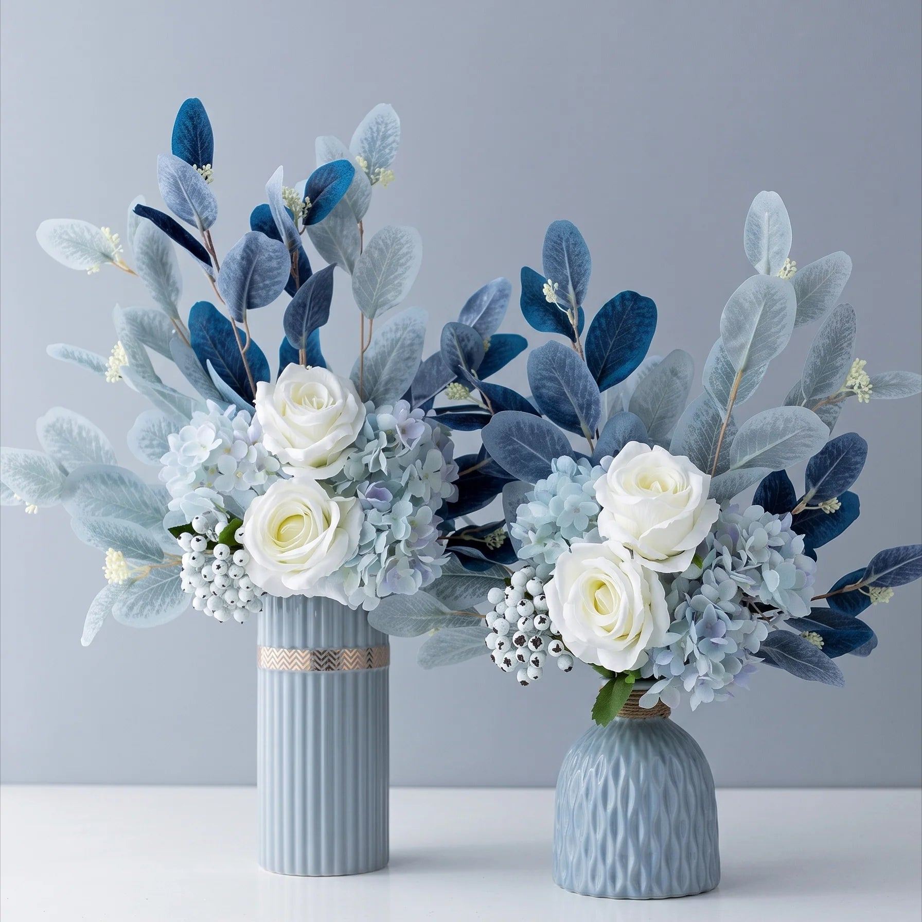 Blue & White Harmony Faux Floral Bouquet with Frosted Foliage