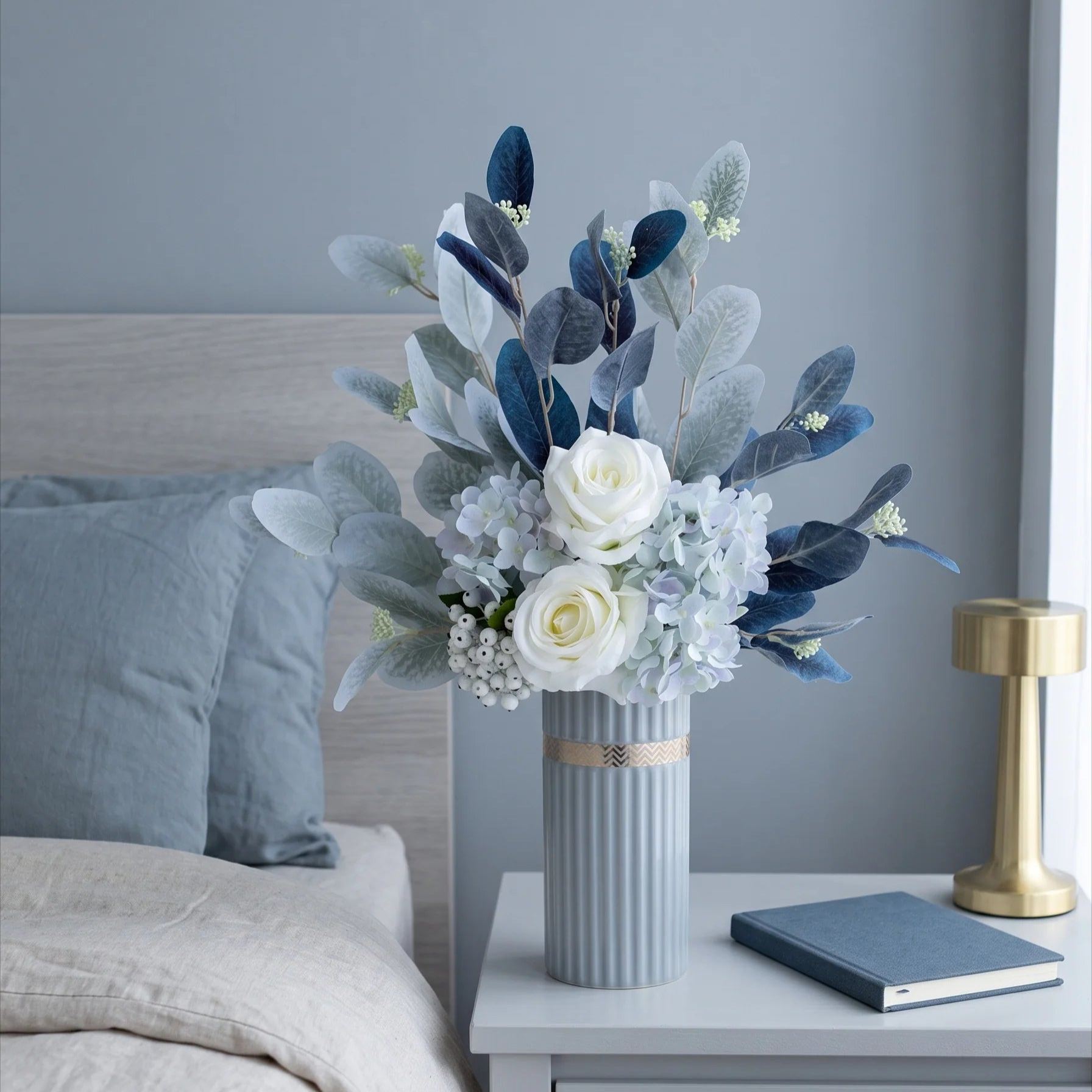 Blue & White Harmony Faux Floral Bouquet with Frosted Foliage