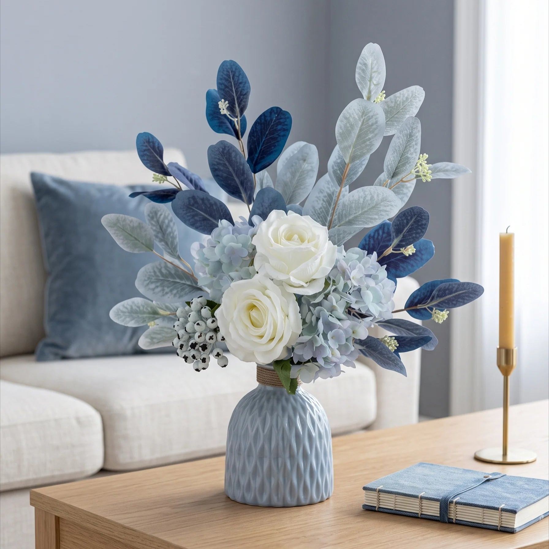 Blue & White Harmony Faux Floral Bouquet with Frosted Foliage