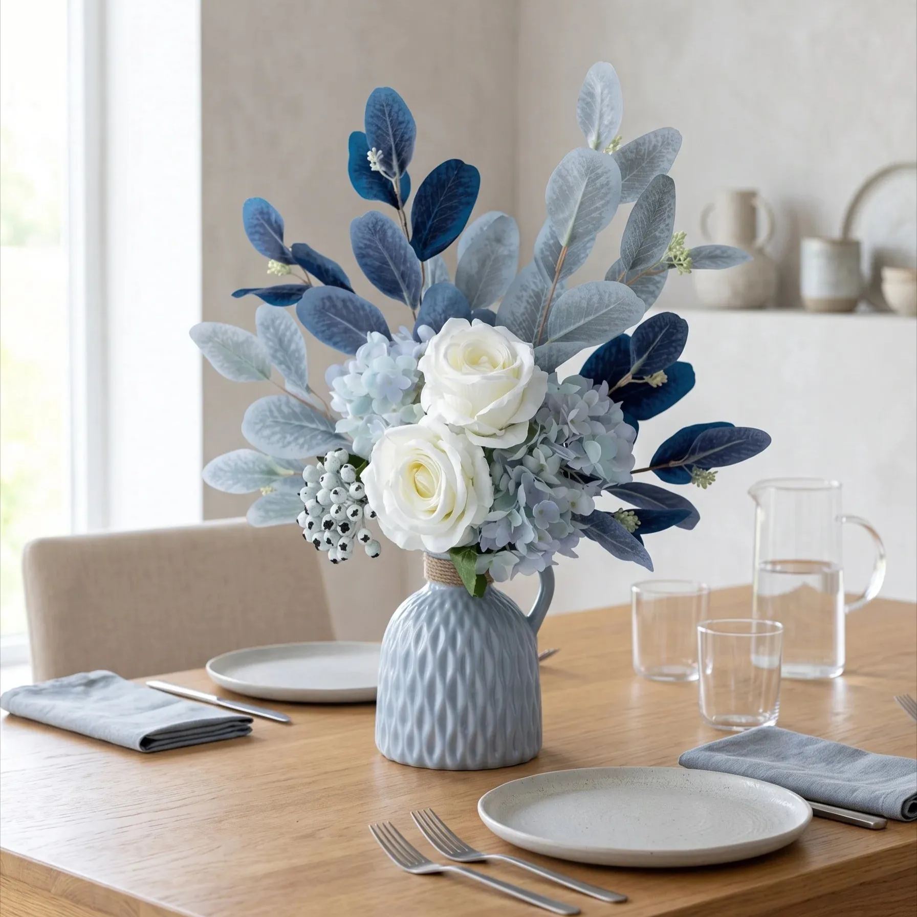 Blue & White Harmony Faux Floral Bouquet with Frosted Foliage