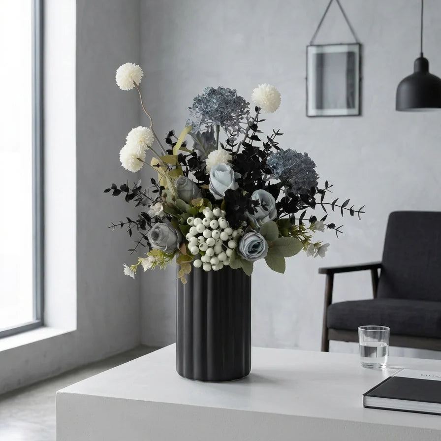 Faux Floral Arrangement - Blue & White Blooms with Dark Foliage