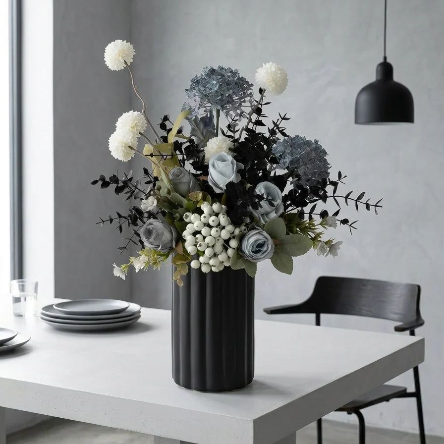 Faux Floral Arrangement - Blue & White Blooms with Dark Foliage